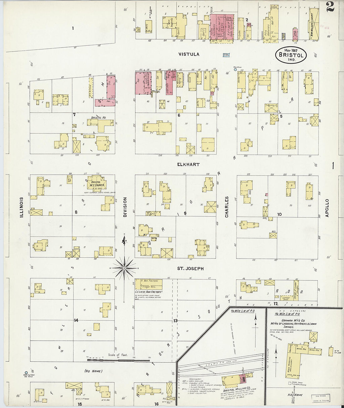 This old map of Bristol, Elkhart County, Indiana was created by Sanborn Map Company in 1907