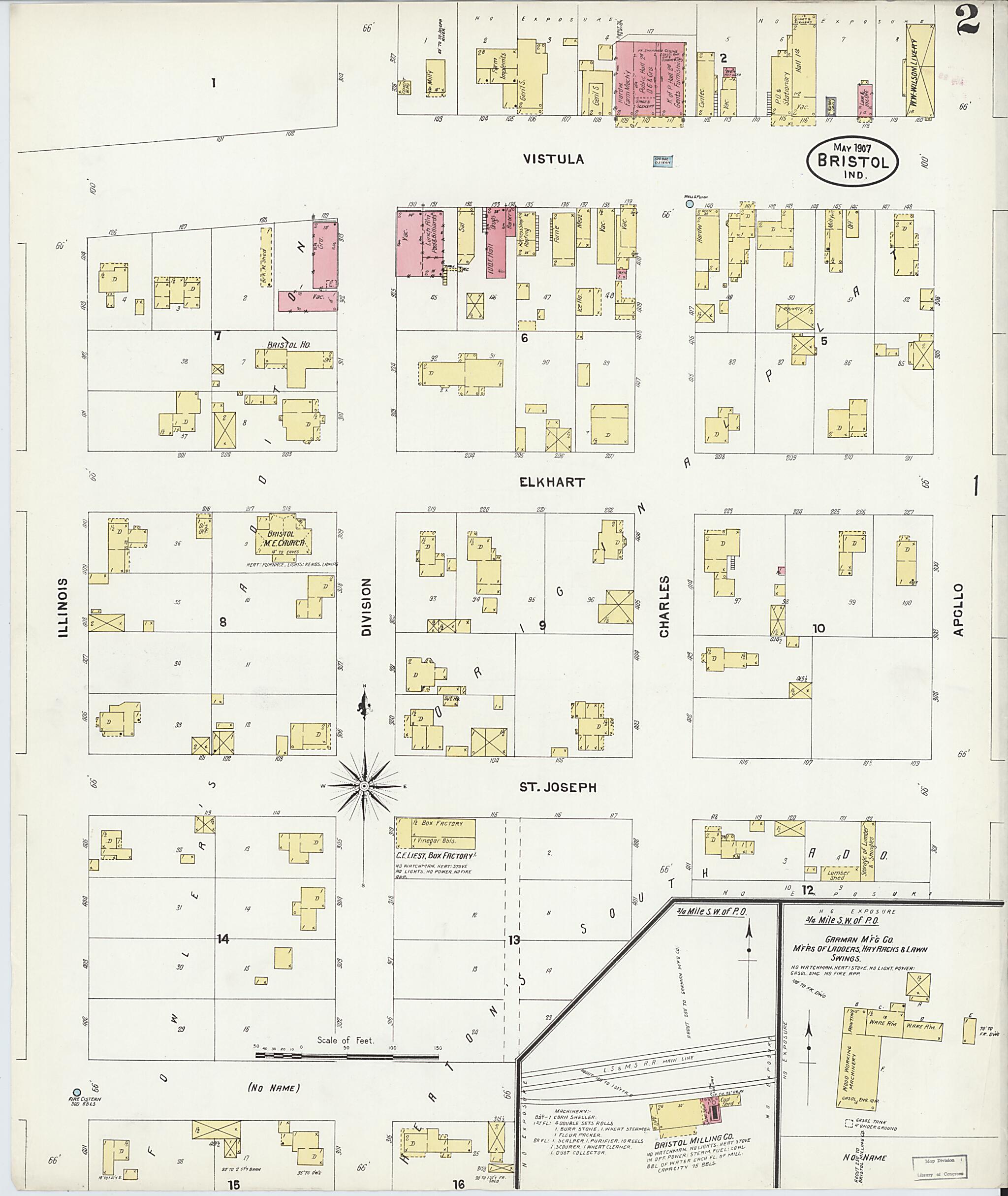 This old map of Bristol, Elkhart County, Indiana was created by Sanborn Map Company in 1907