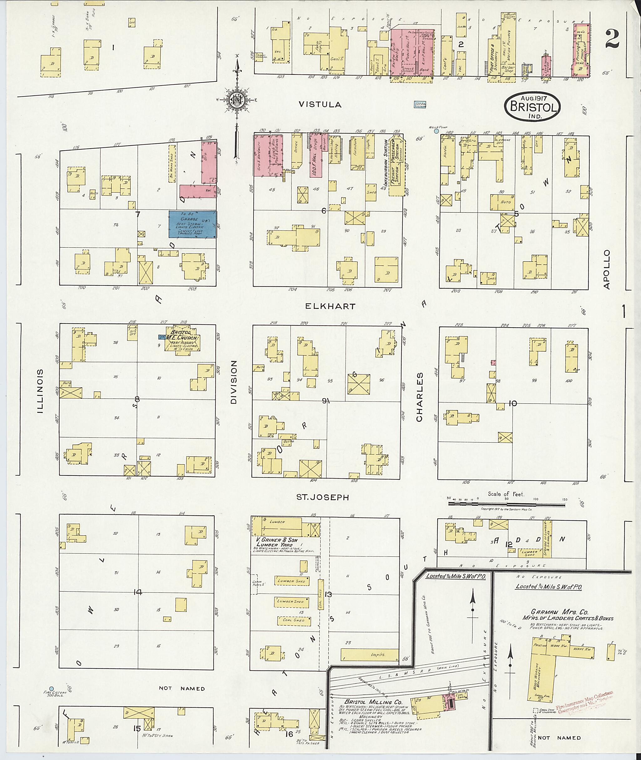 This old map of Bristol, Elkhart County, Indiana was created by Sanborn Map Company in 1917