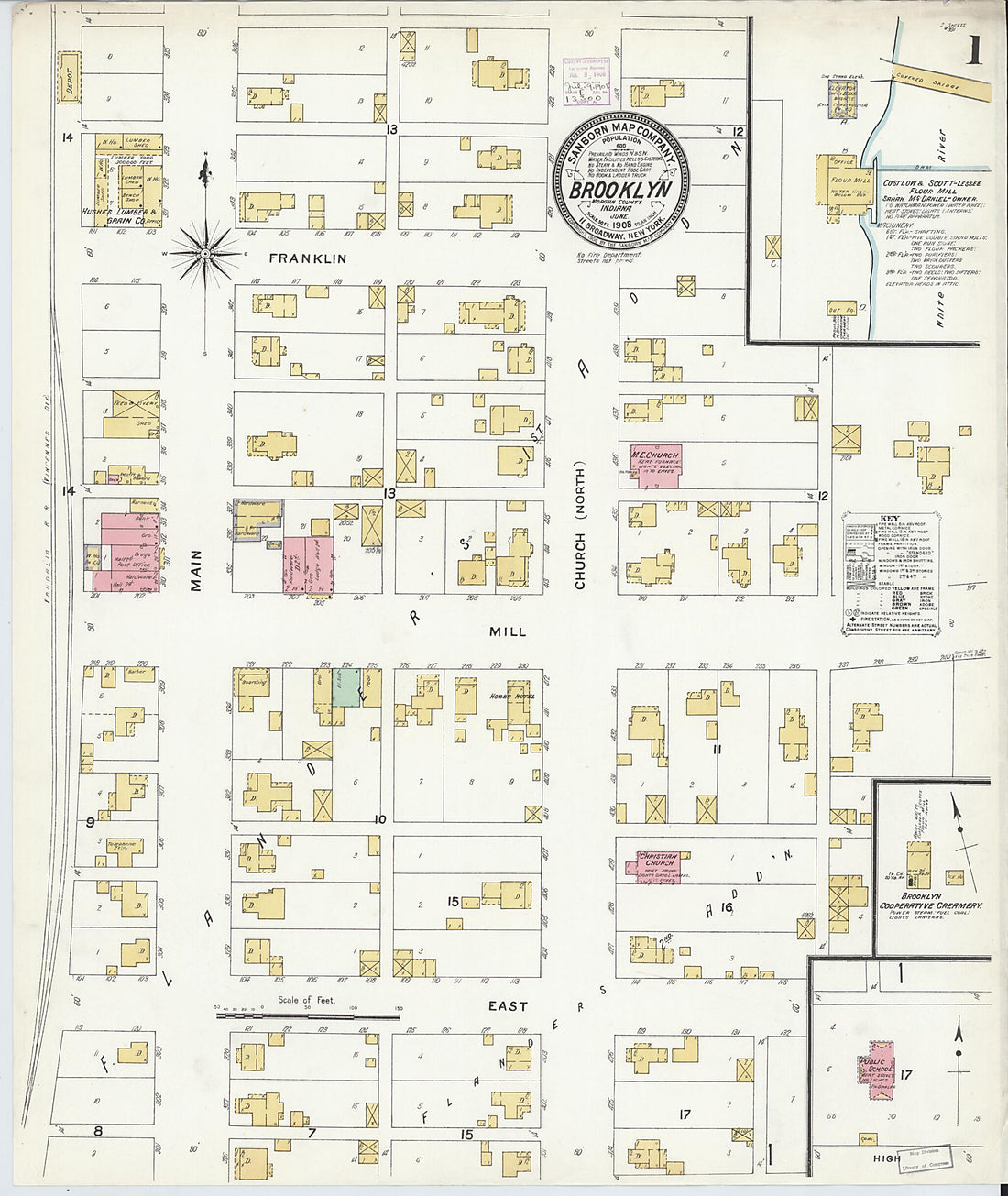 This old map of Brooklyn, Morgan County, Indiana was created by Sanborn Map Company in 1908