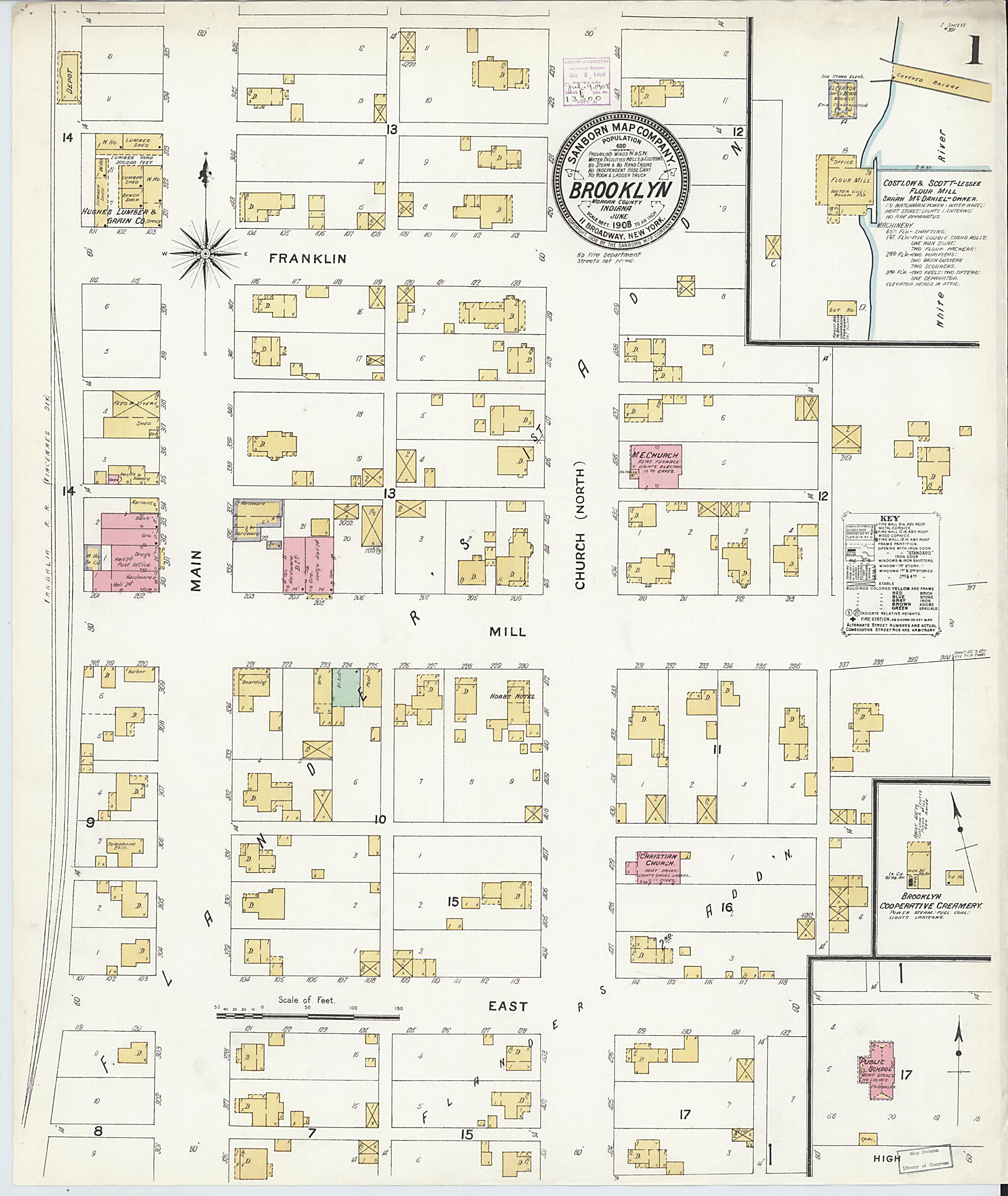 This old map of Brooklyn, Morgan County, Indiana was created by Sanborn Map Company in 1908