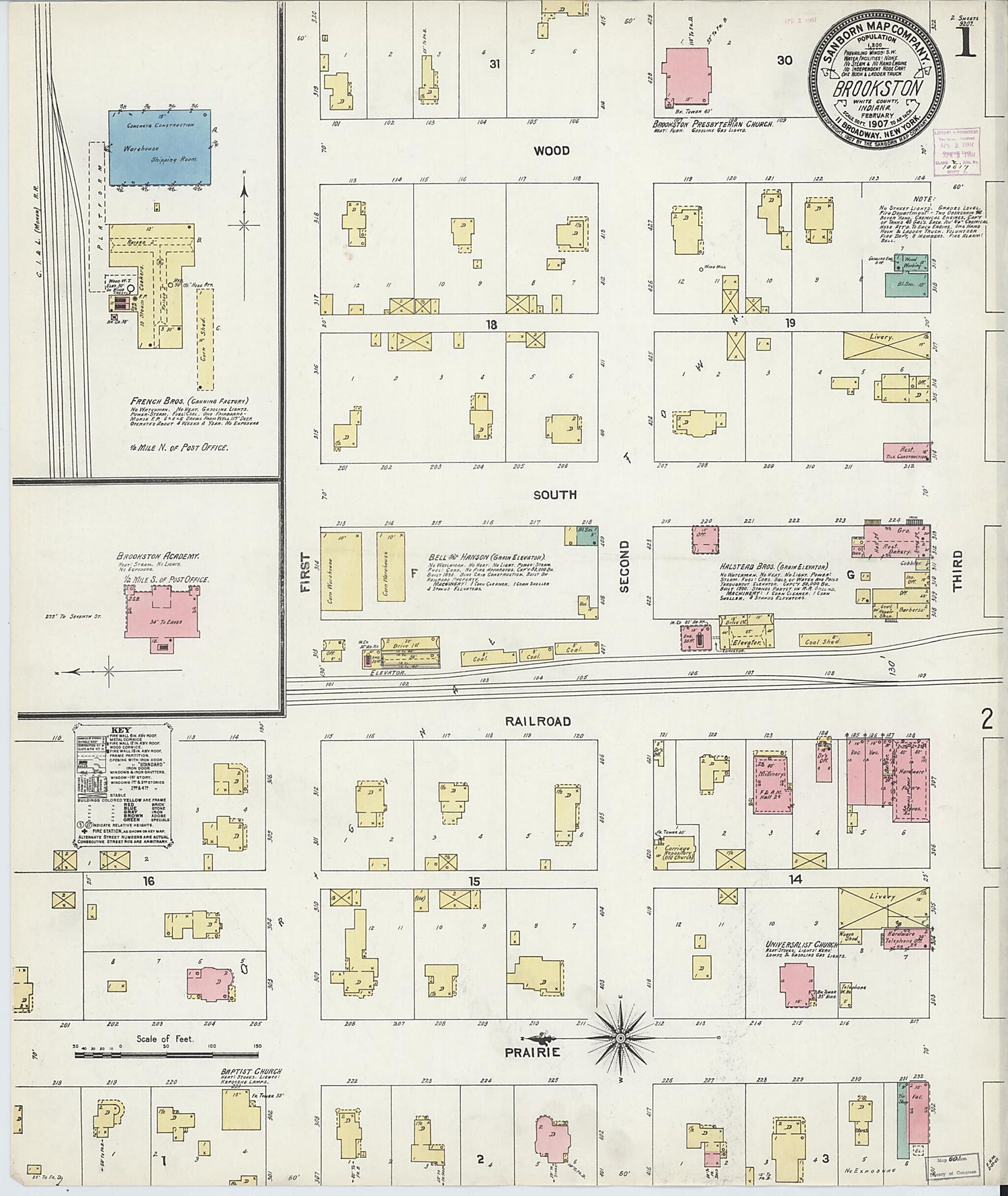 This old map of Brookston, White County, Indiana was created by Sanborn Map Company in 1907