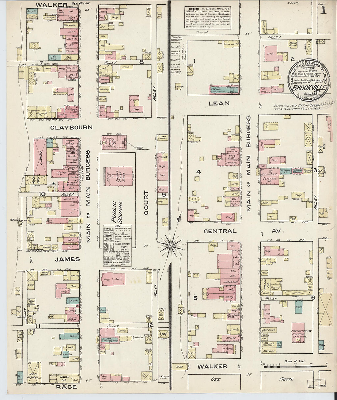 This old map of Brookville, Franklin County, Indiana was created by Sanborn Map Company in 1883