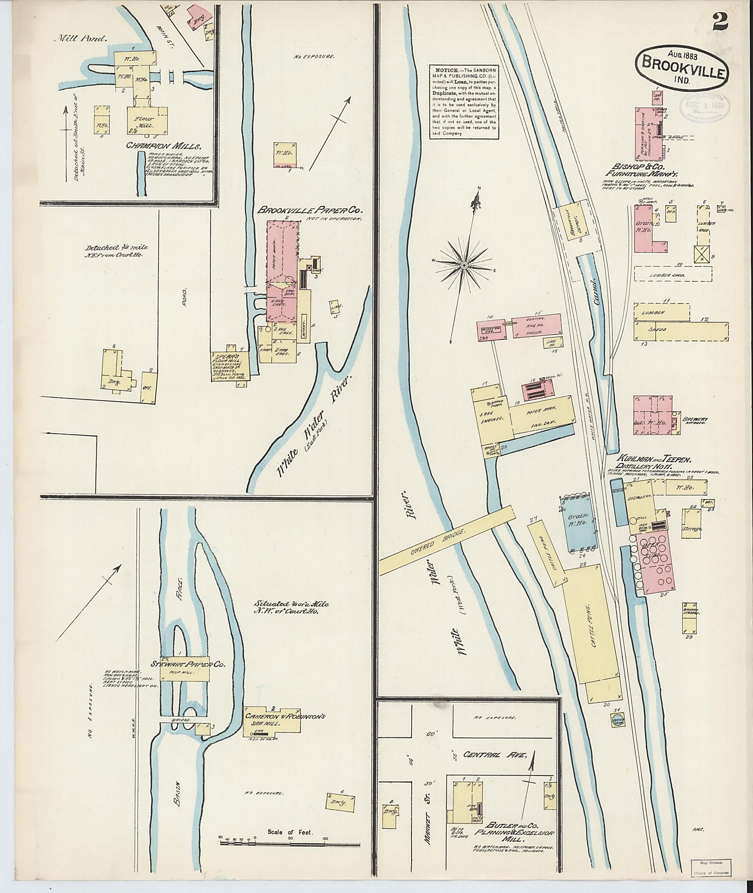 This old map of Brookville, Franklin County, Indiana was created by Sanborn Map Company in 1883