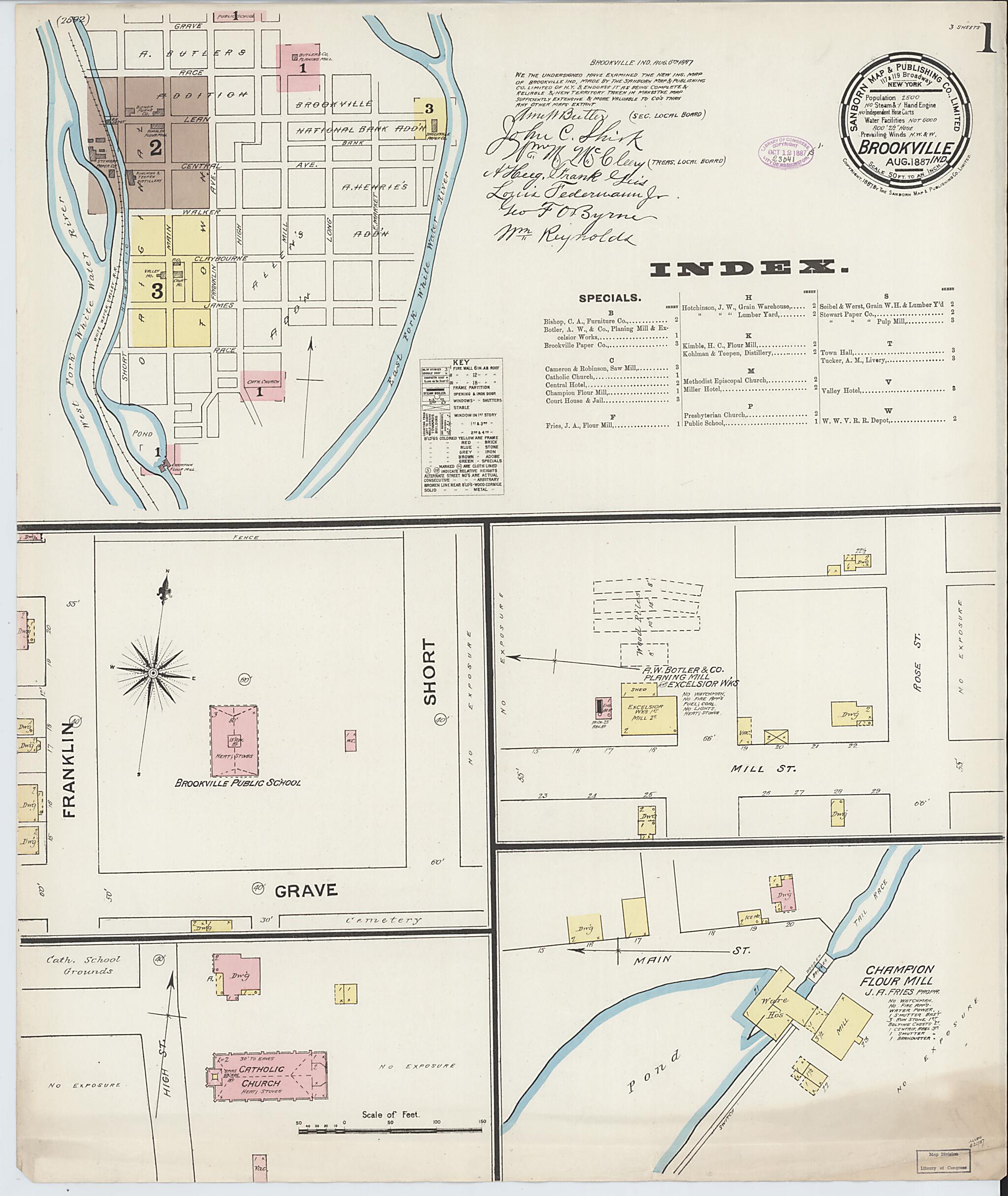 This old map of Brookville, Franklin County, Indiana was created by Sanborn Map Company in 1887