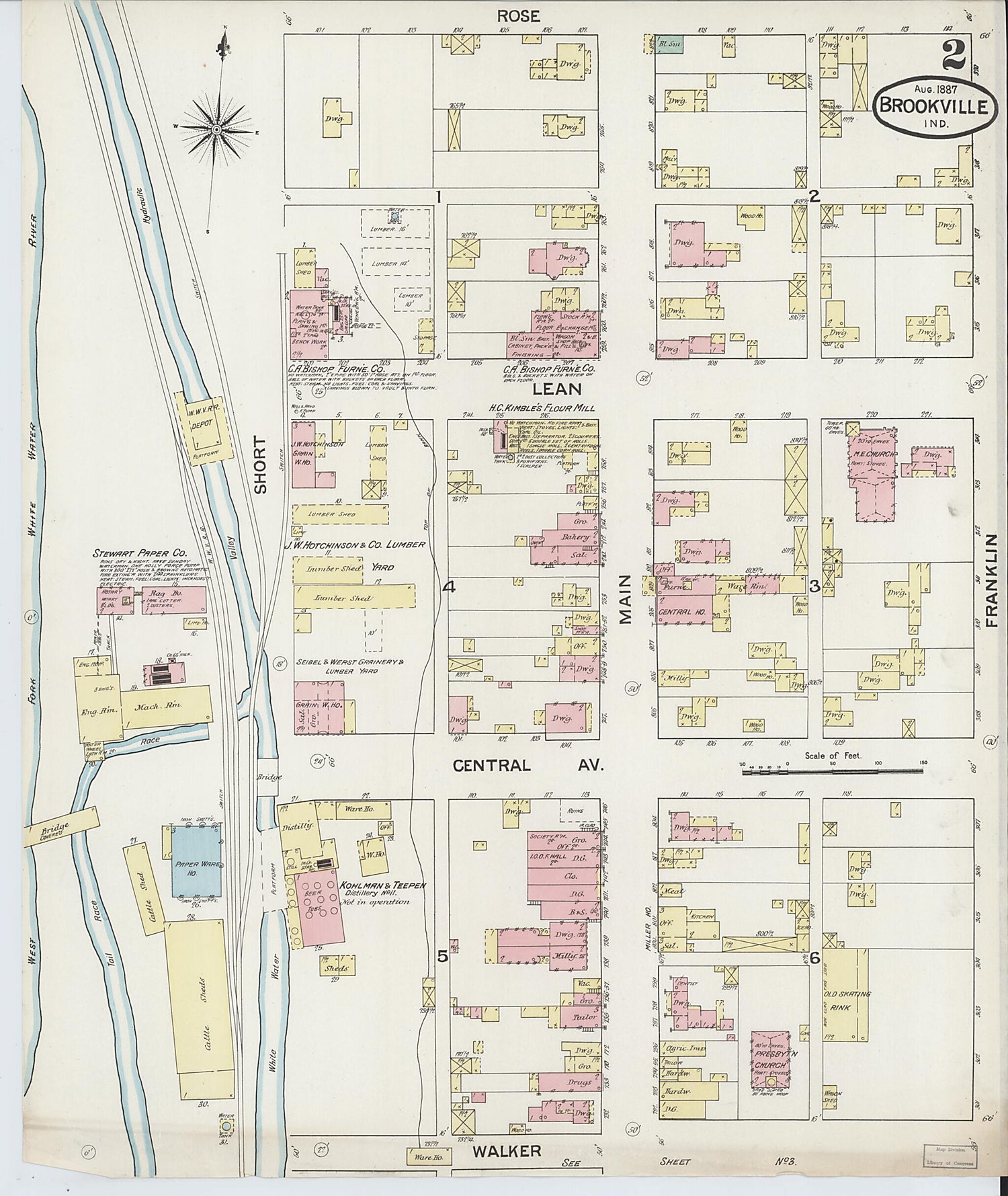 This old map of Brookville, Franklin County, Indiana was created by Sanborn Map Company in 1887