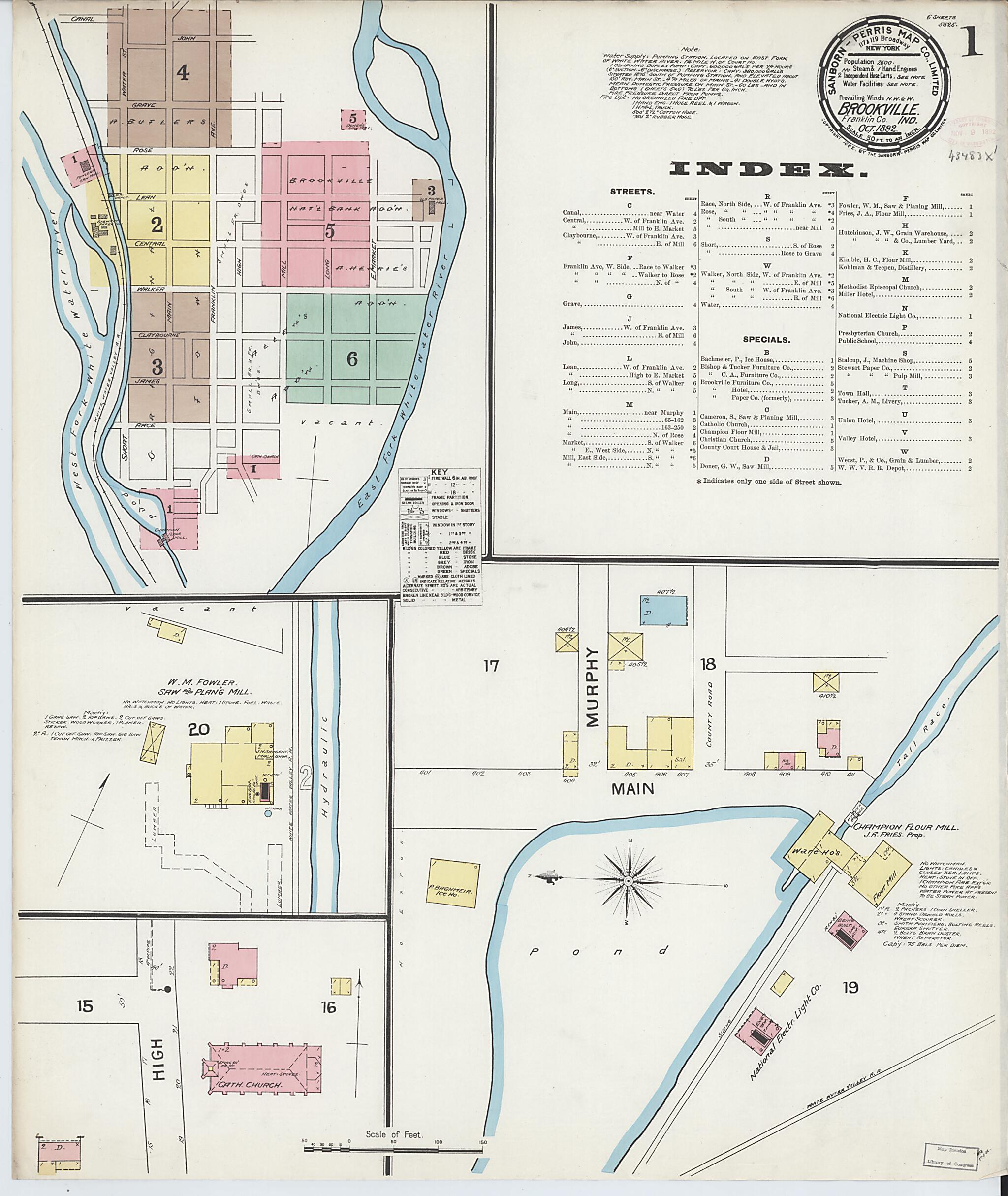 This old map of Brookville, Franklin County, Indiana was created by Sanborn Map Company in 1892