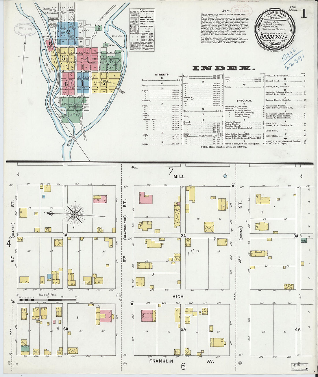 This old map of Brookville, Franklin County, Indiana was created by Sanborn Map Company in 1899