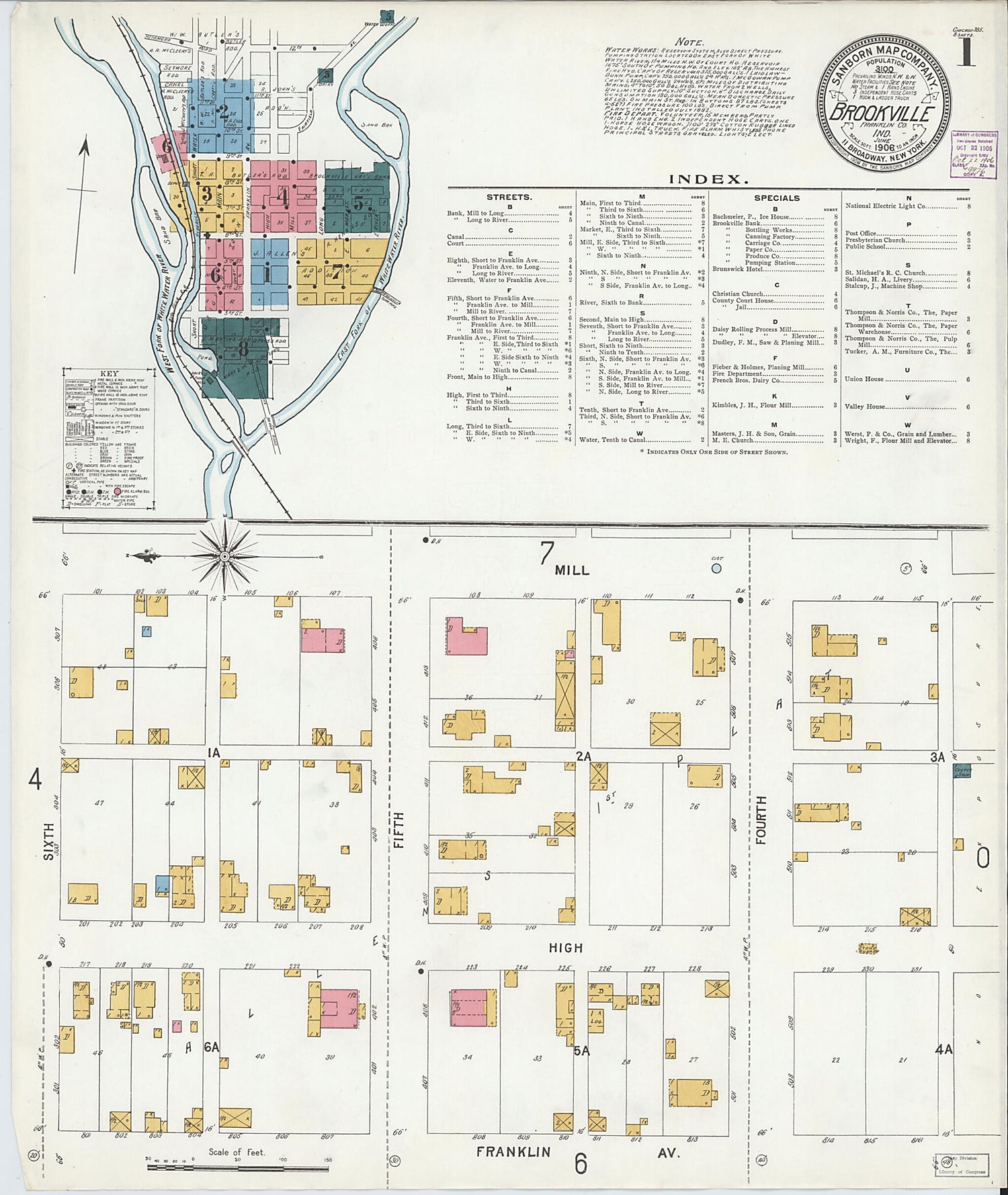 This old map of Brookville, Franklin County, Indiana was created by Sanborn Map Company in 1906