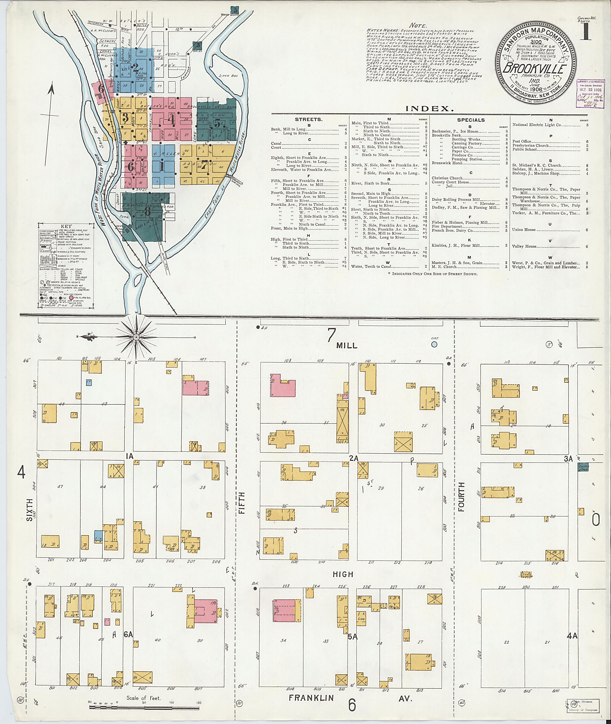 This old map of Brookville, Franklin County, Indiana was created by Sanborn Map Company in 1906