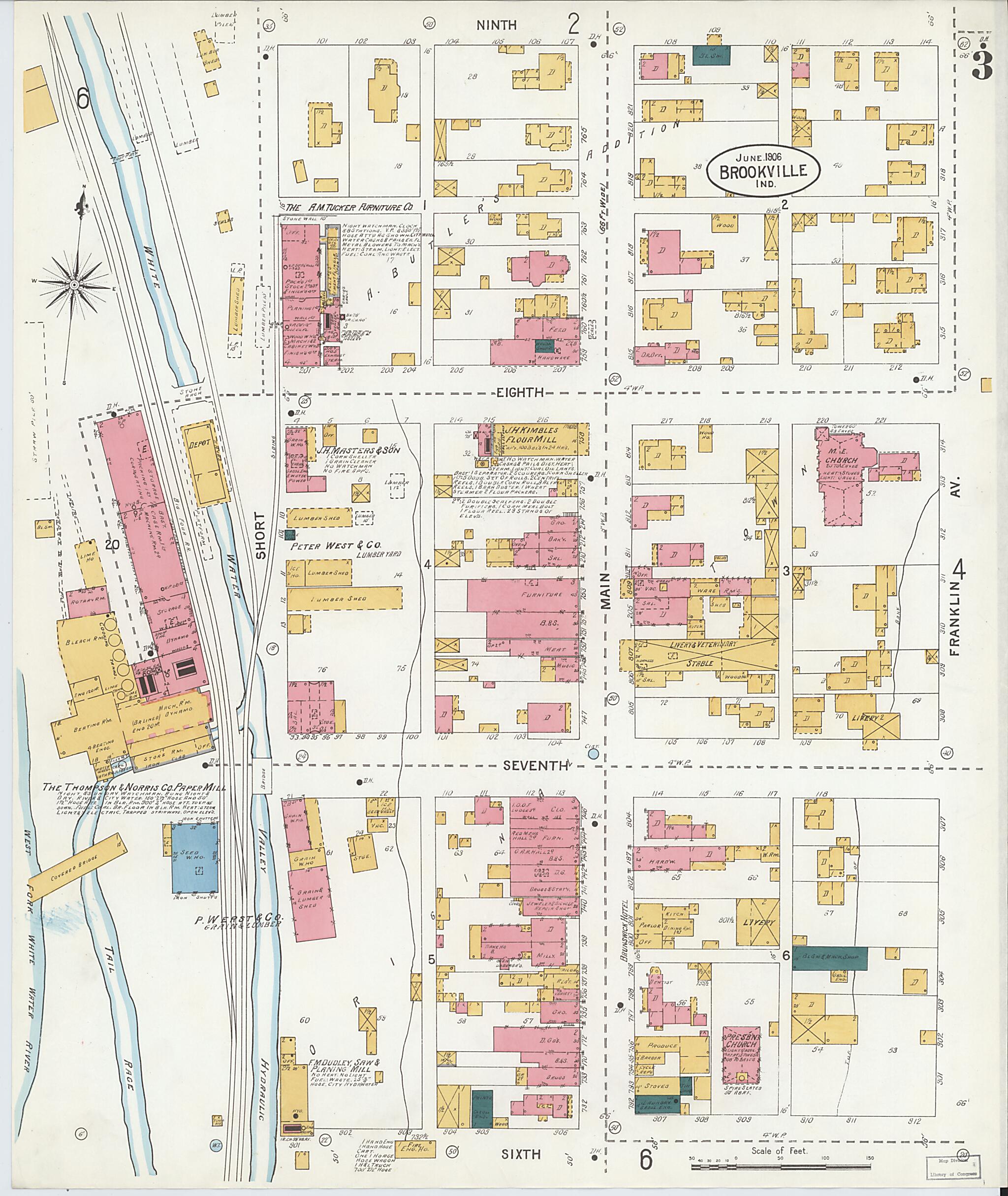 This old map of Brookville, Franklin County, Indiana was created by Sanborn Map Company in 1906