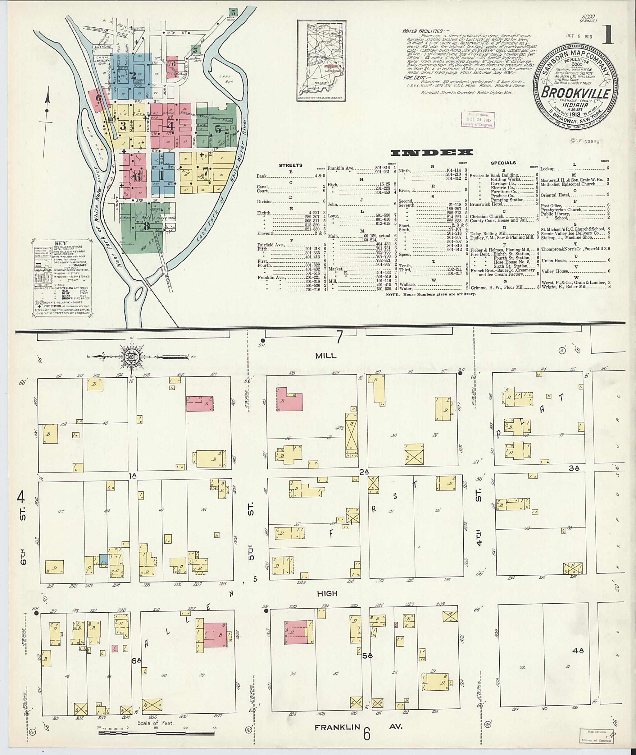 This old map of Brookville, Franklin County, Indiana was created by Sanborn Map Company in 1913