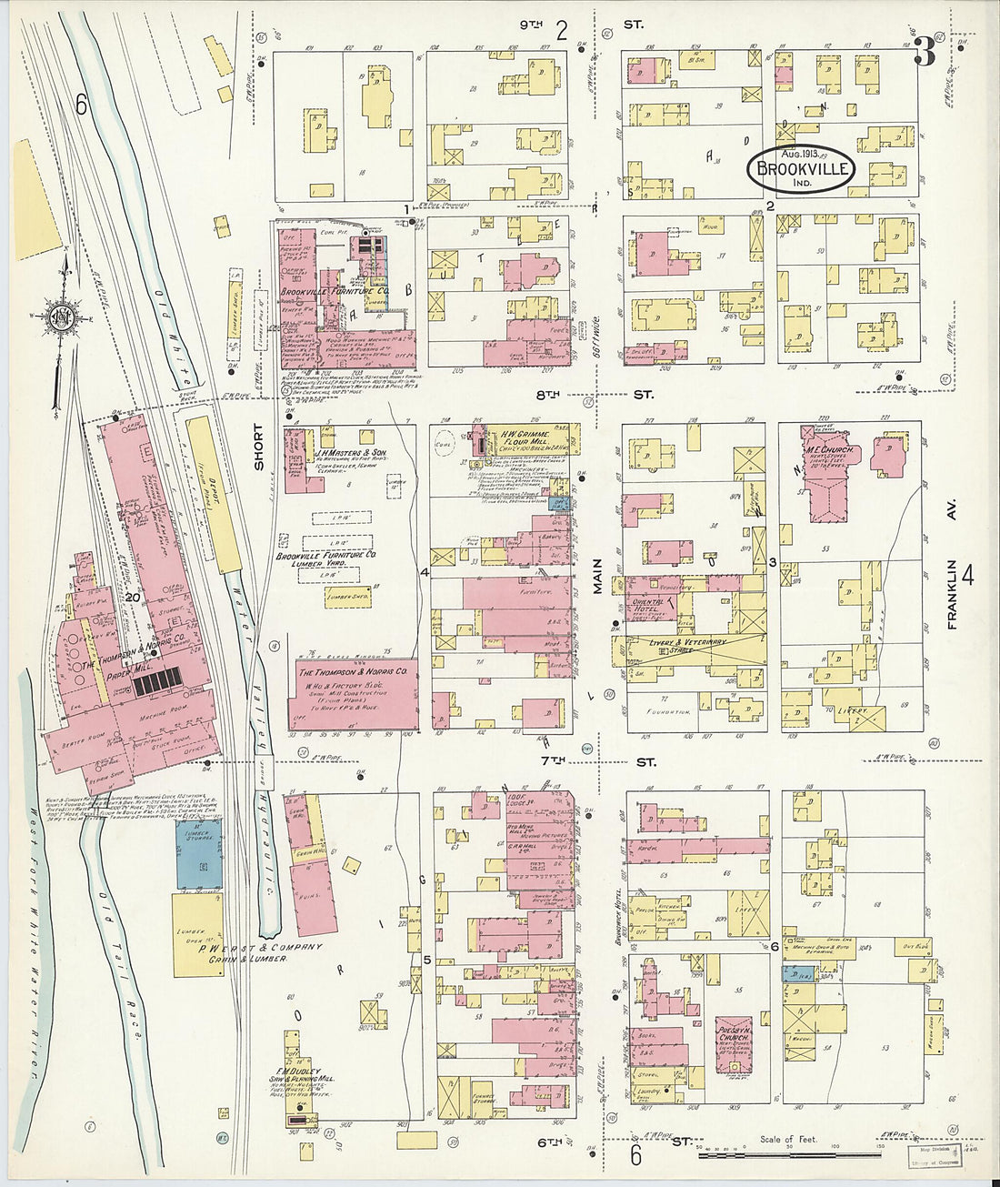 This old map of Brookville, Franklin County, Indiana was created by Sanborn Map Company in 1913