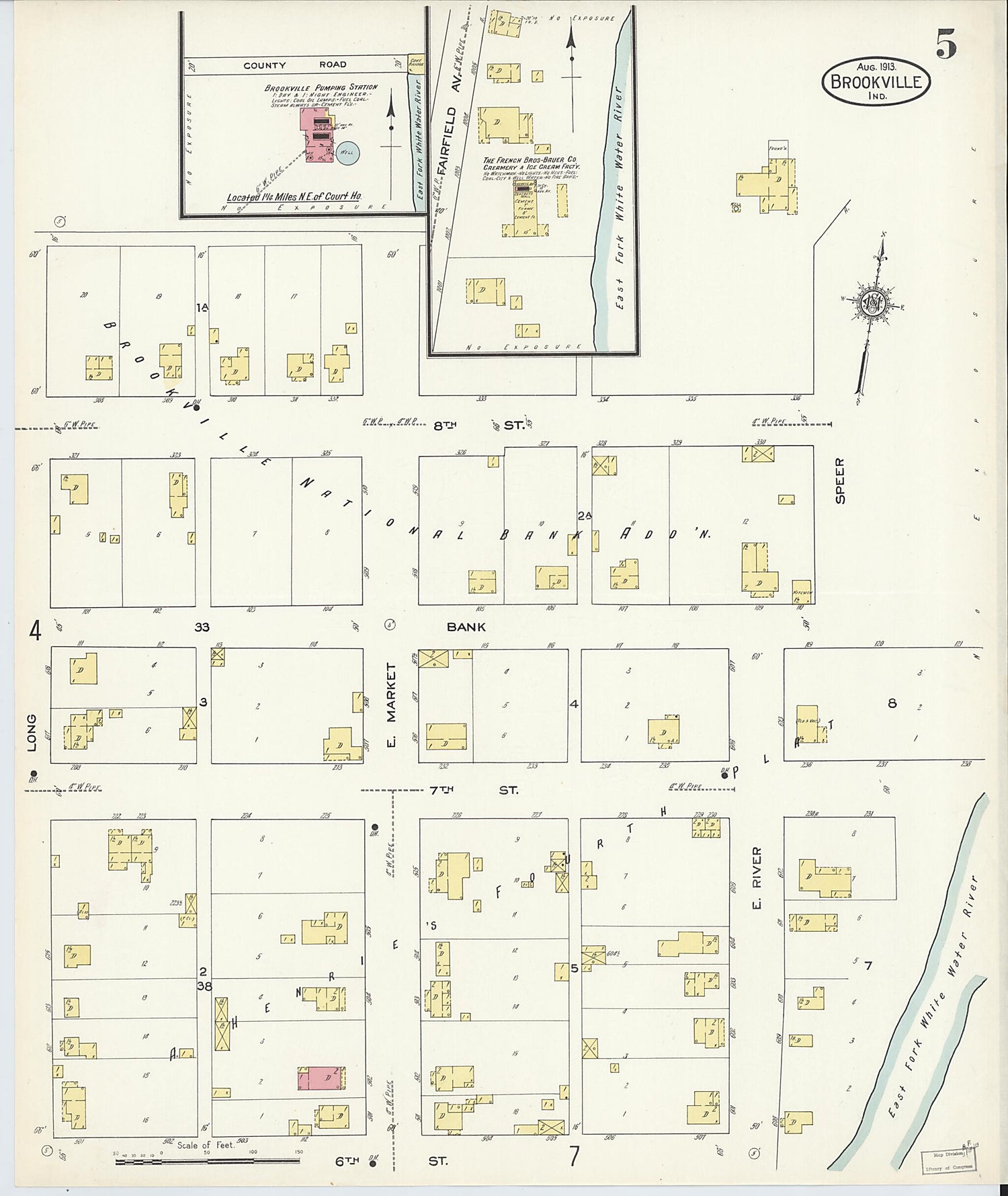 This old map of Brookville, Franklin County, Indiana was created by Sanborn Map Company in 1913