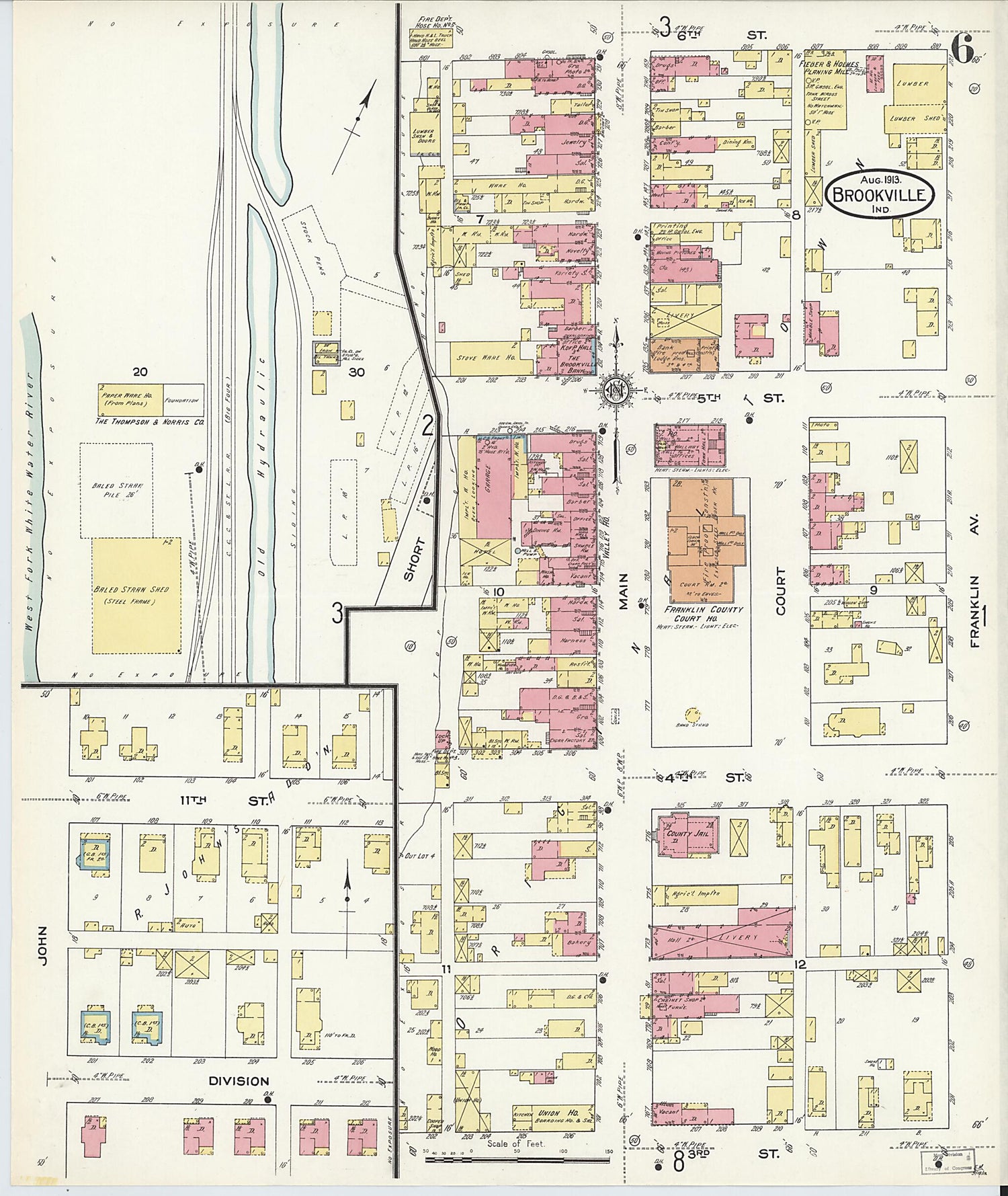 This old map of Brookville, Franklin County, Indiana was created by Sanborn Map Company in 1913