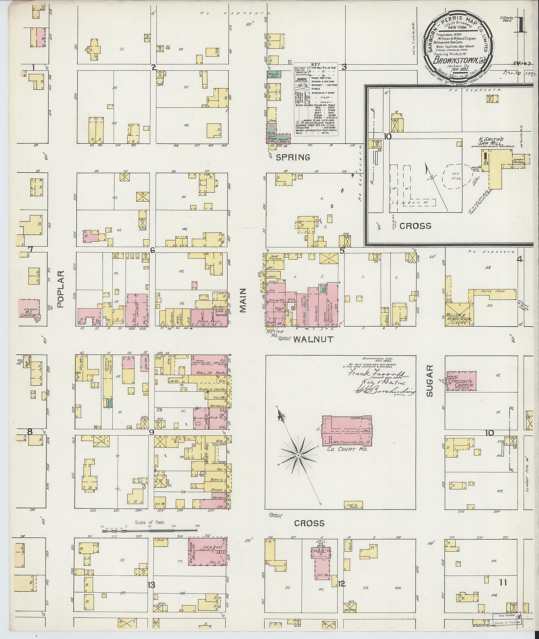 This old map of Brownstown, Jackson County, Indiana was created by Sanborn Map Company in 1892