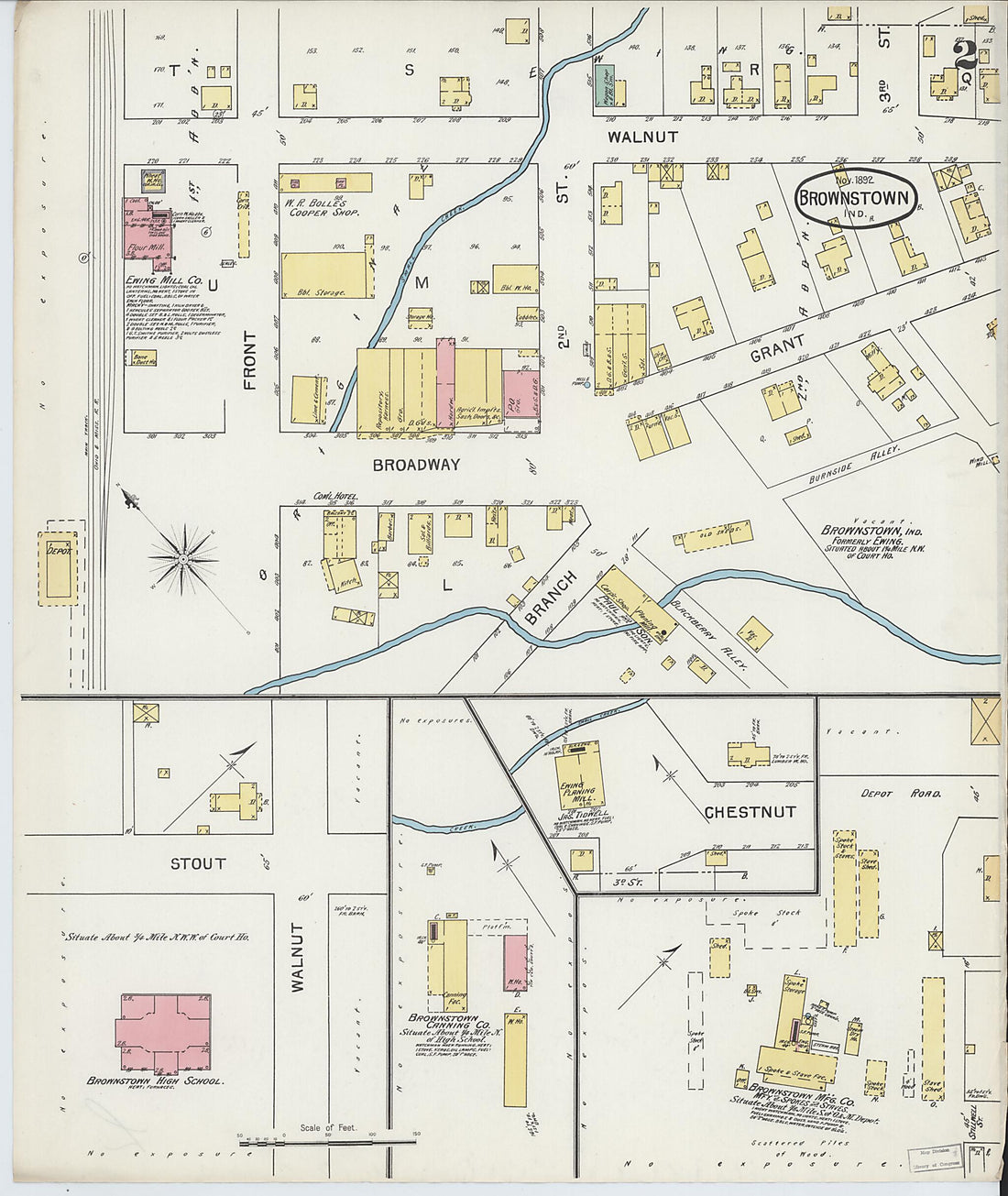 This old map of Brownstown, Jackson County, Indiana was created by Sanborn Map Company in 1892