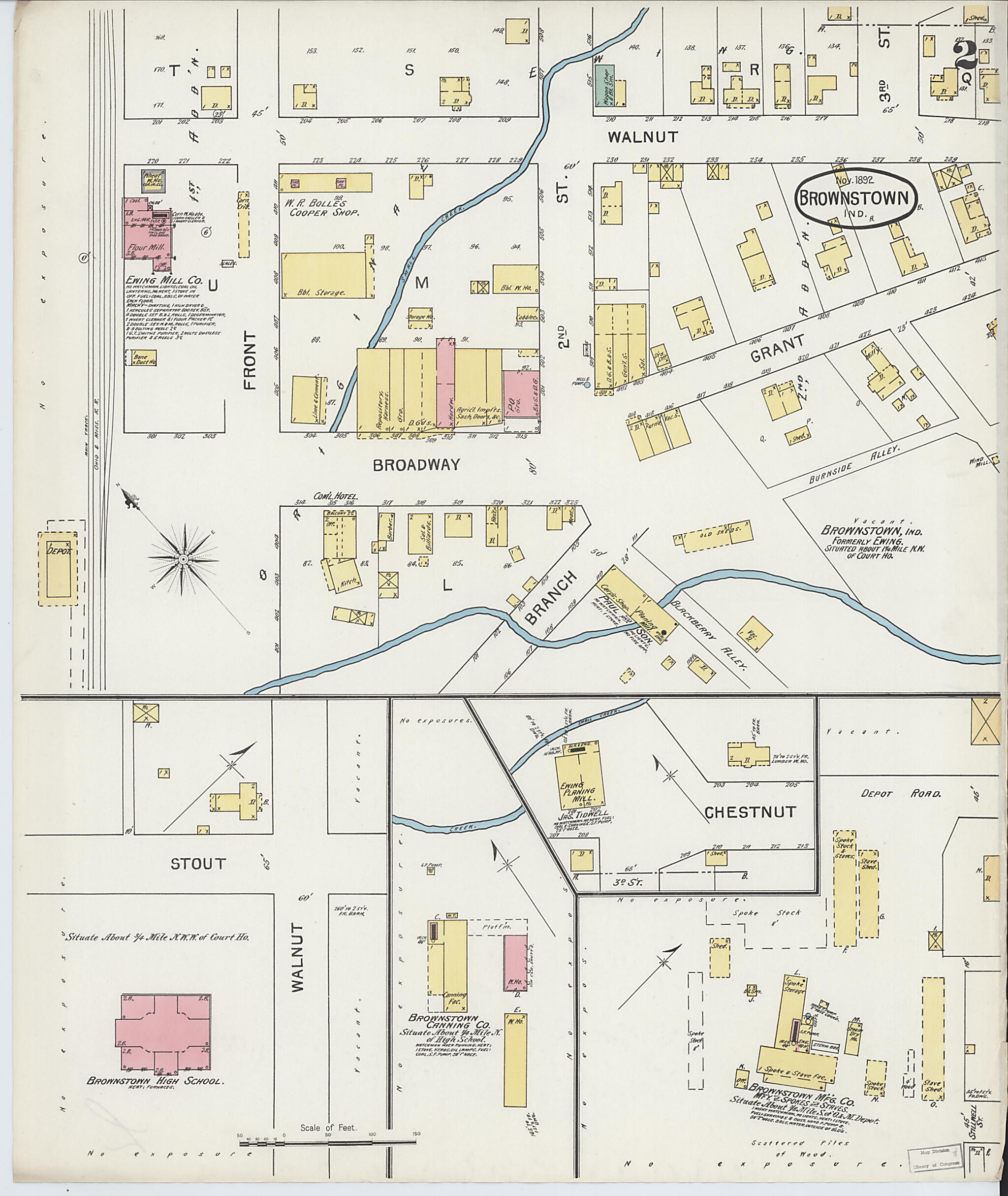 This old map of Brownstown, Jackson County, Indiana was created by Sanborn Map Company in 1892