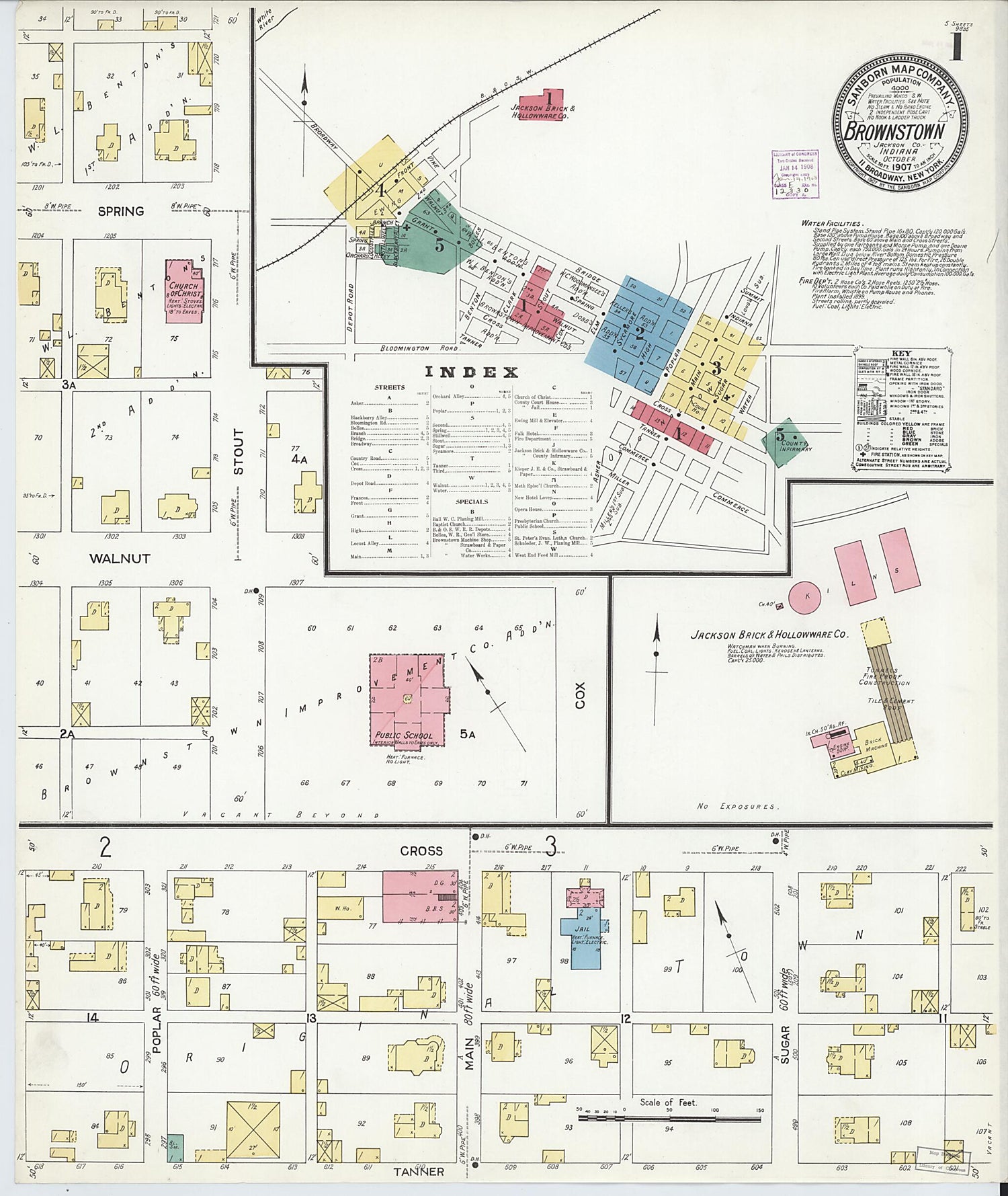 This old map of Brownstown, Jackson County, Indiana was created by Sanborn Map Company in 1907