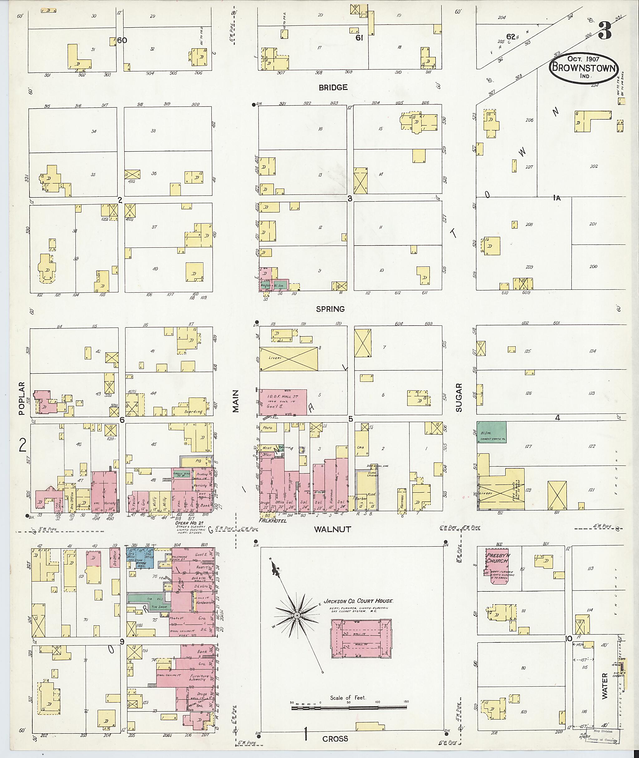 This old map of Brownstown, Jackson County, Indiana was created by Sanborn Map Company in 1907