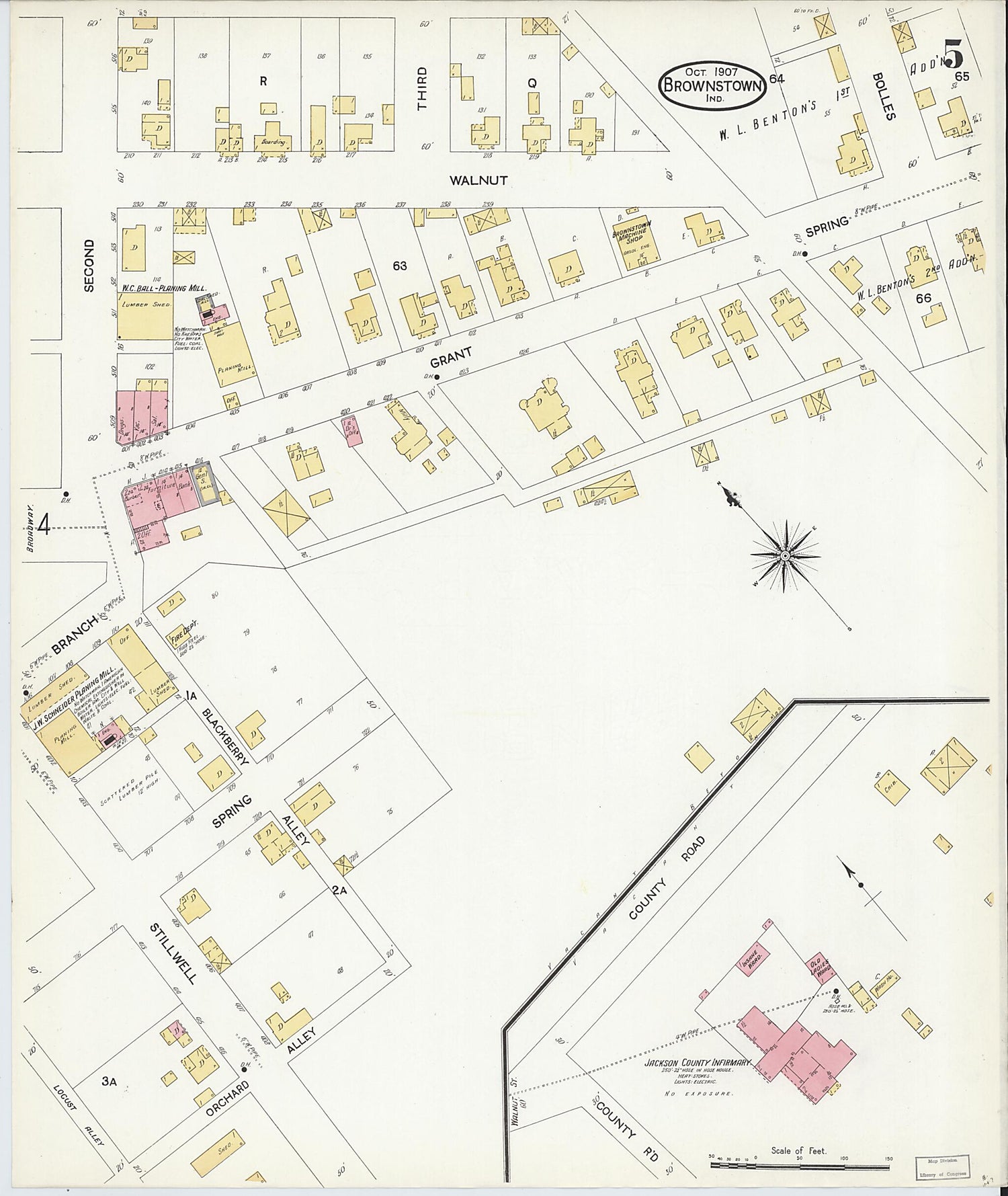 This old map of Brownstown, Jackson County, Indiana was created by Sanborn Map Company in 1907