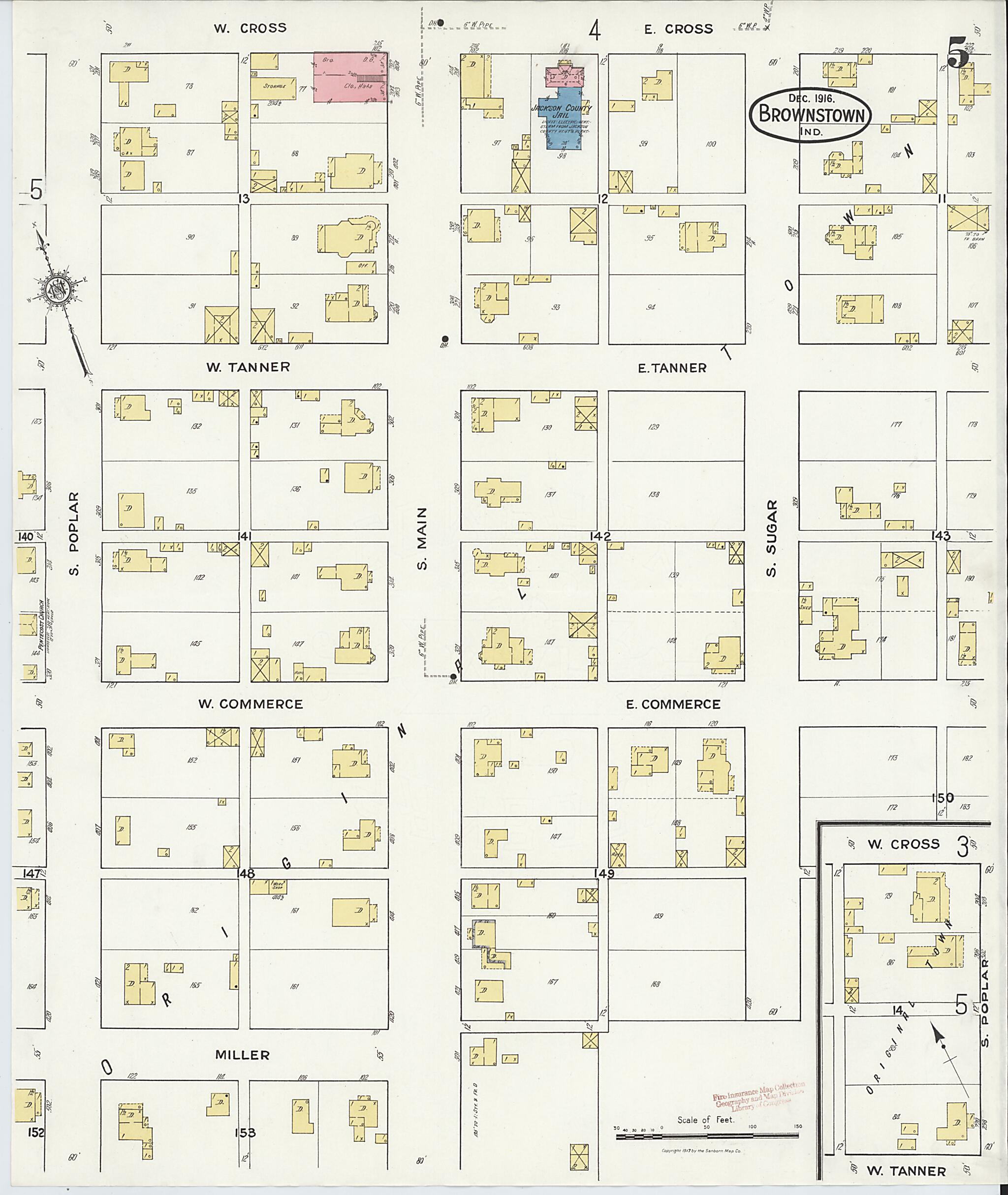 This old map of Brownstown, Jackson County, Indiana was created by Sanborn Map Company in 1916