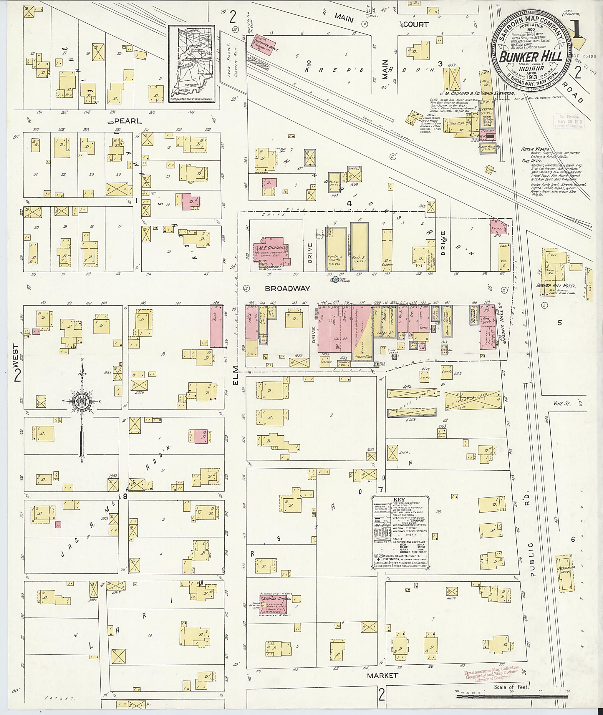 This old map of Bunker Hill, Miami County, Indiana was created by Sanborn Map Company in 1913