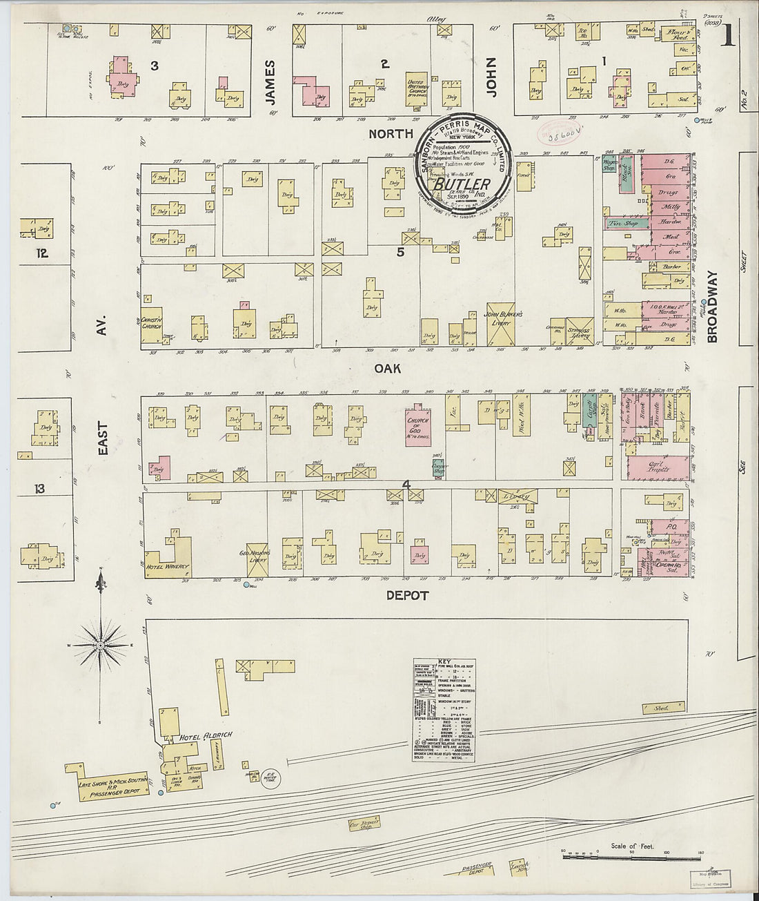 This old map of Butler, De Kalb County, Indiana was created by Sanborn Map Company in 1890