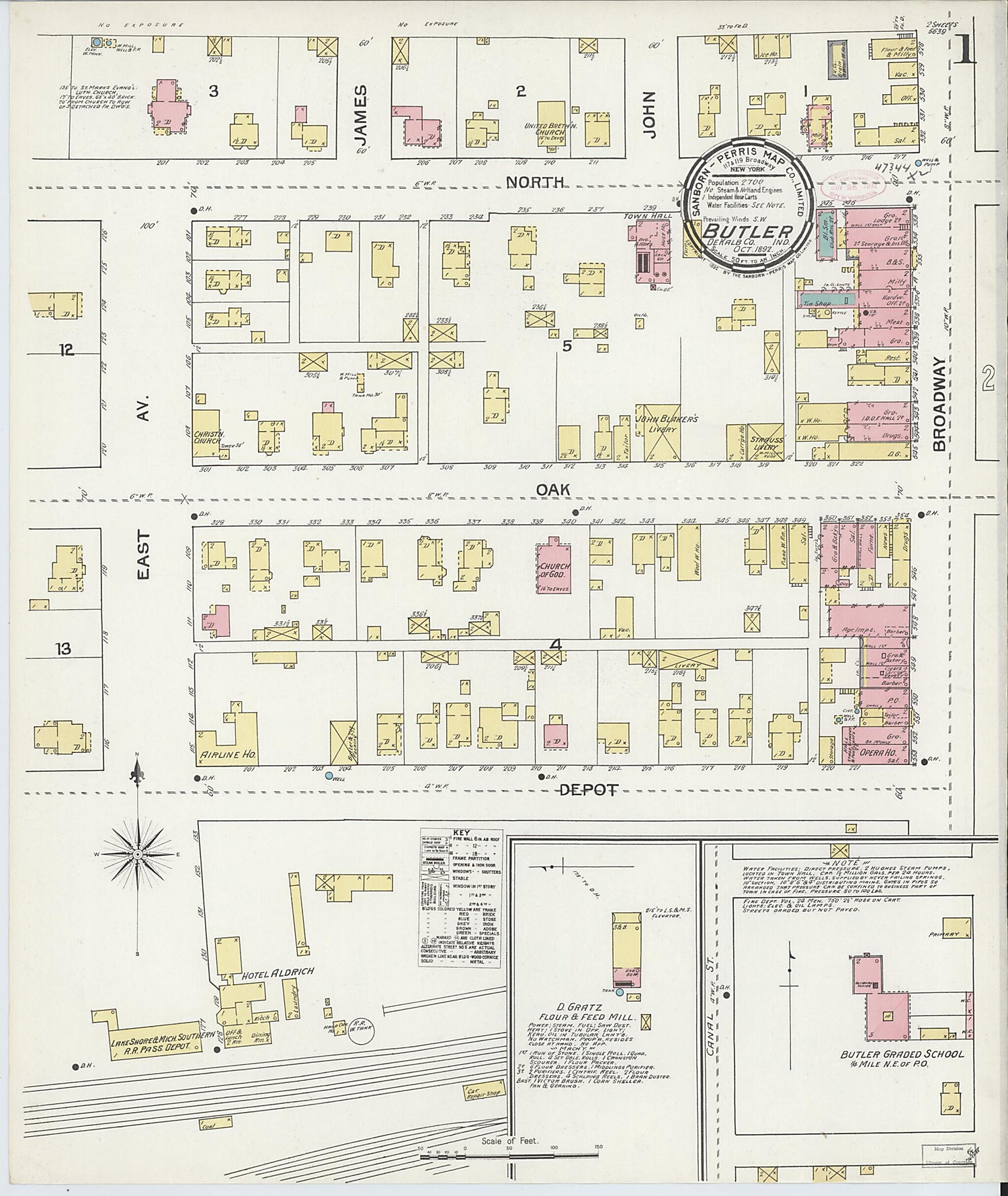 This old map of Butler, De Kalb County, Indiana was created by Sanborn Map Company in 1892