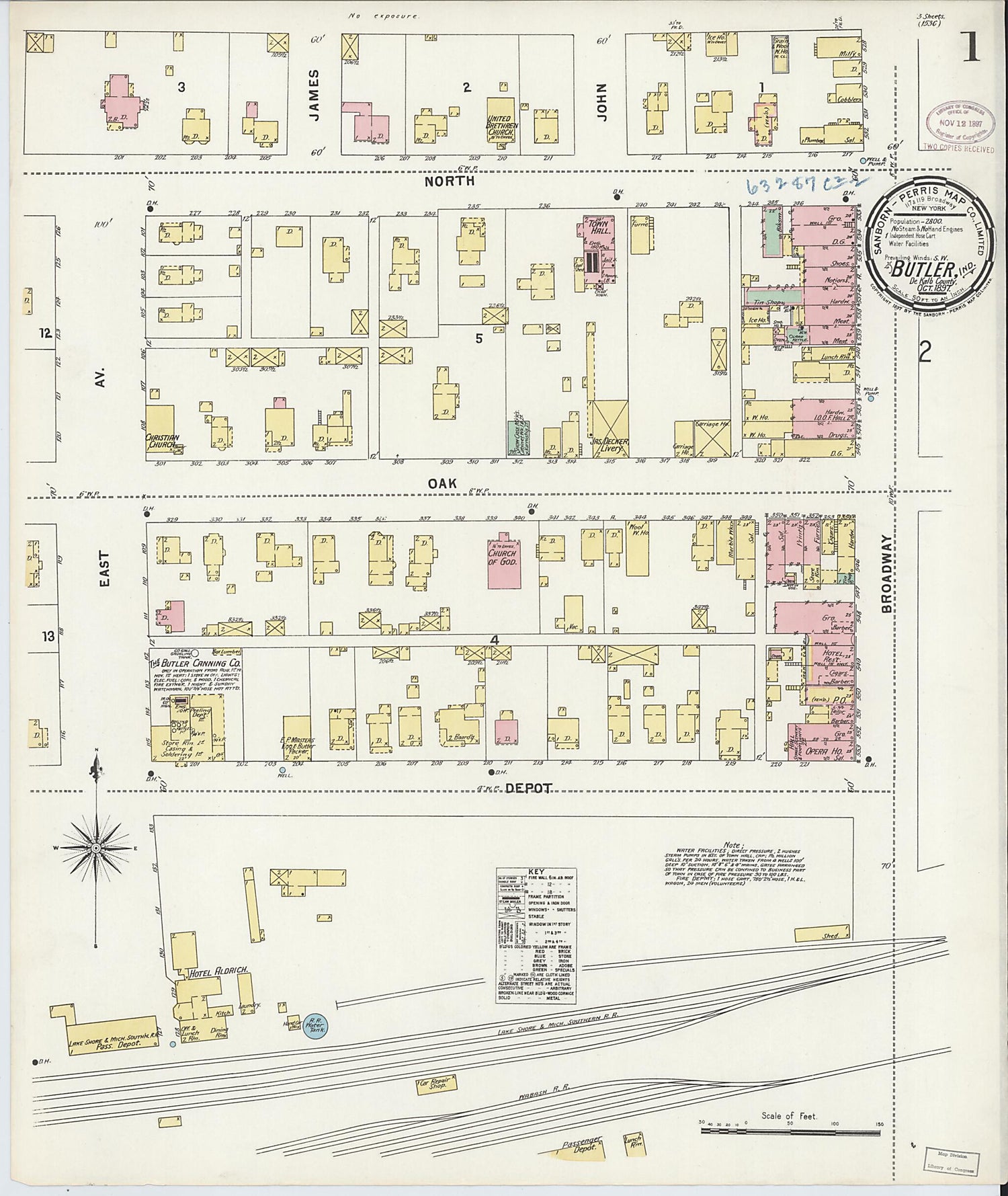 This old map of Butler, De Kalb County, Indiana was created by Sanborn Map Company in 1897