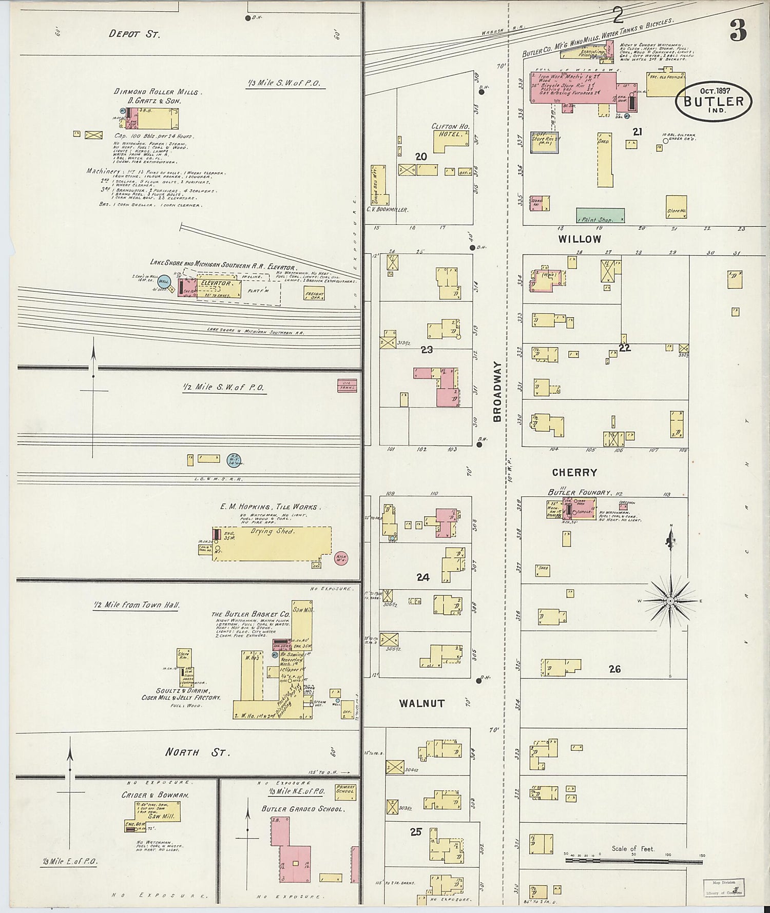 This old map of Butler, De Kalb County, Indiana was created by Sanborn Map Company in 1897