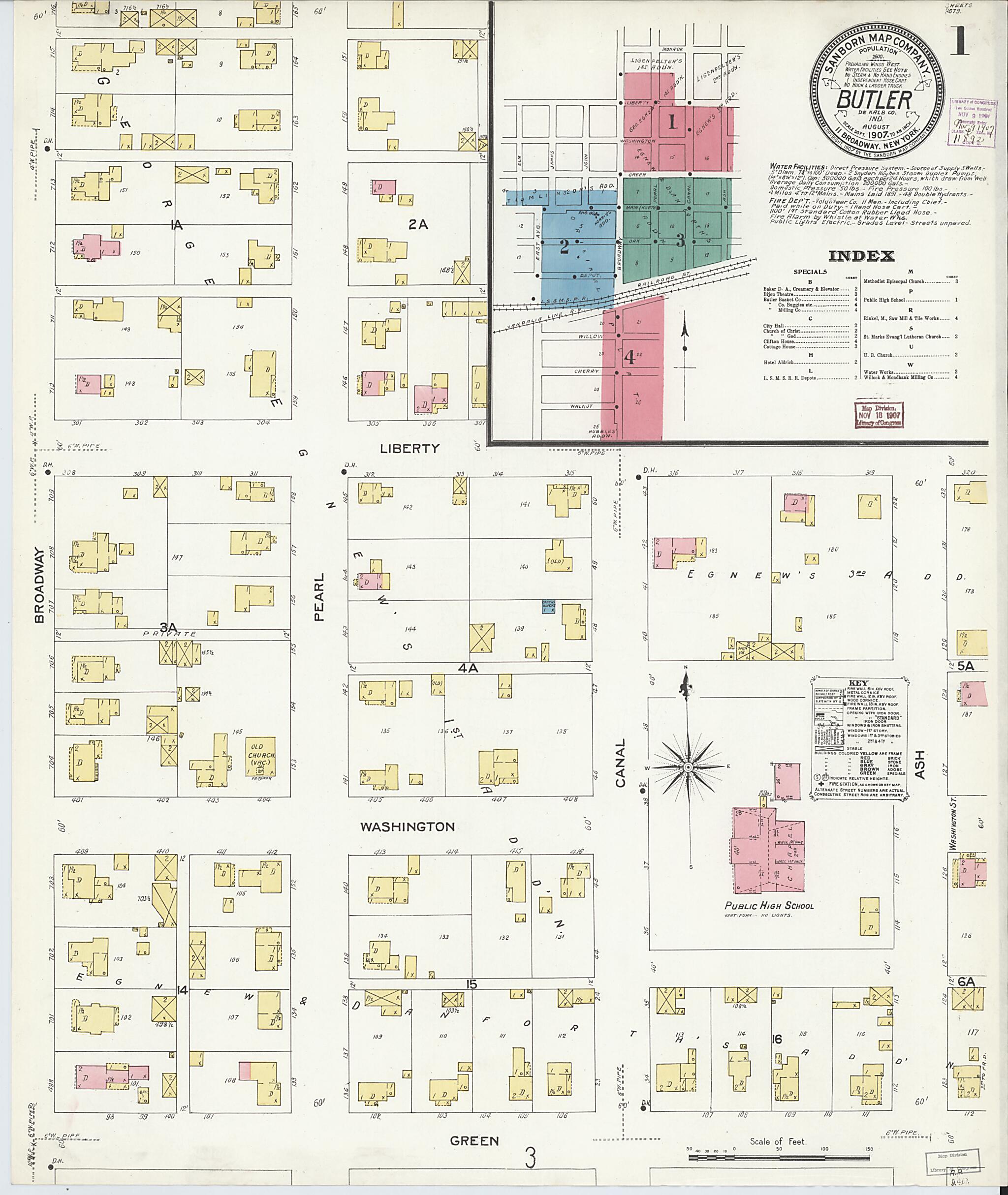 This old map of Butler, De Kalb County, Indiana was created by Sanborn Map Company in 1907