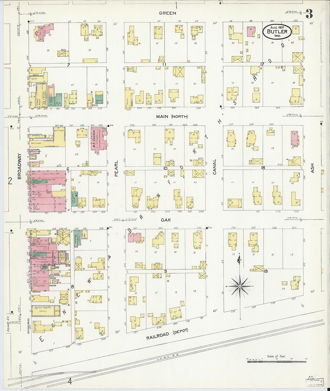 This old map of Butler, De Kalb County, Indiana was created by Sanborn Map Company in 1907