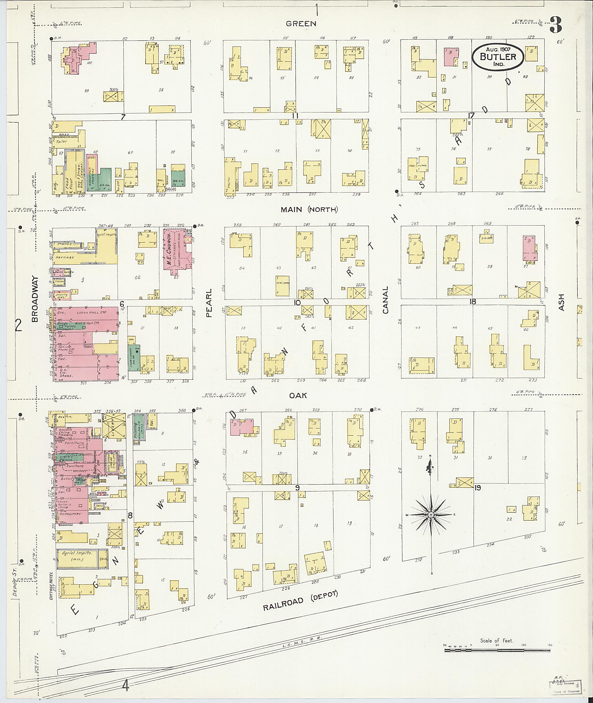 This old map of Butler, De Kalb County, Indiana was created by Sanborn Map Company in 1907