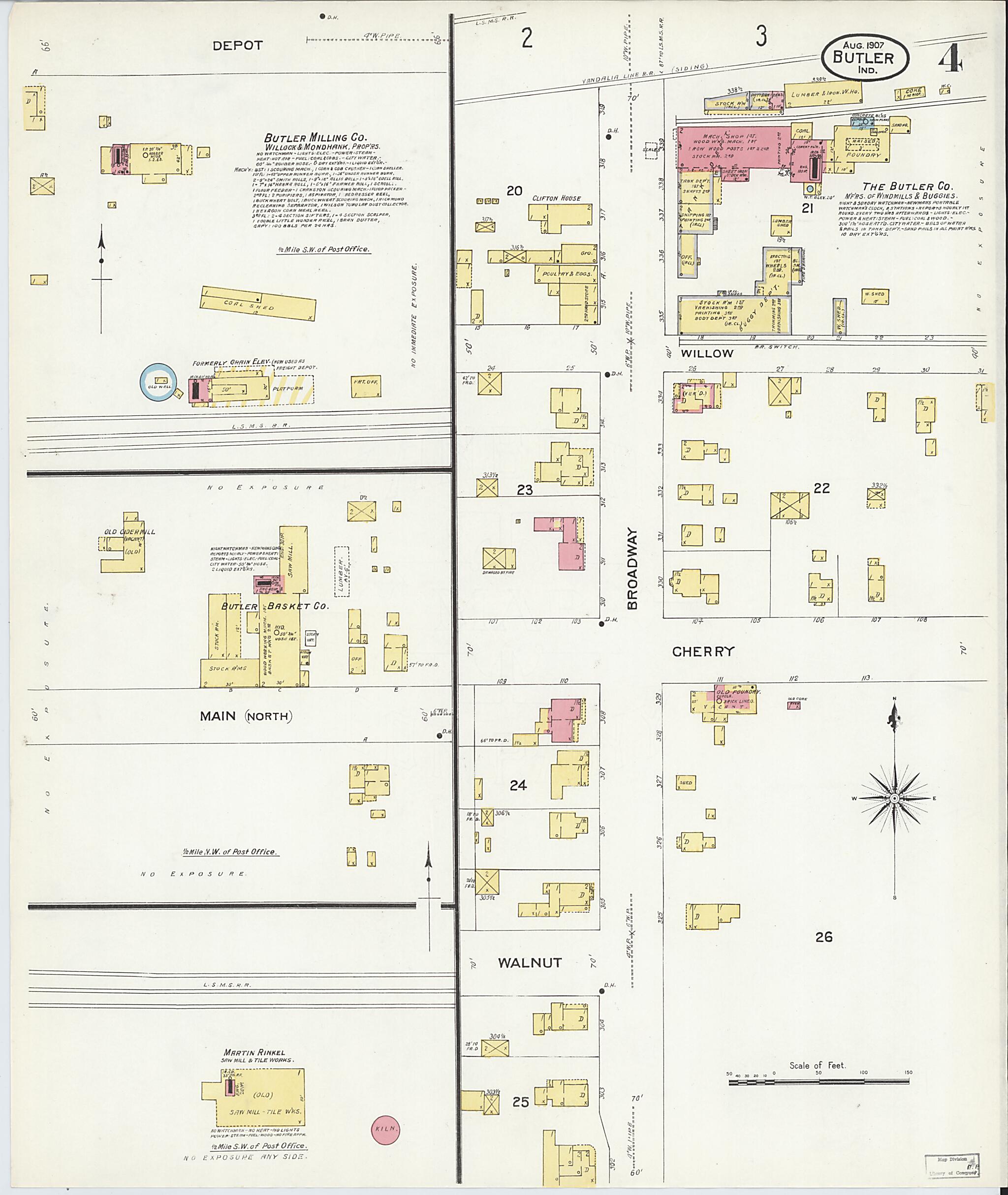 This old map of Butler, De Kalb County, Indiana was created by Sanborn Map Company in 1907