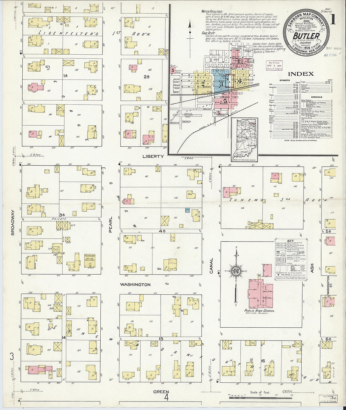 This old map of Butler, De Kalb County, Indiana was created by Sanborn Map Company in 1914