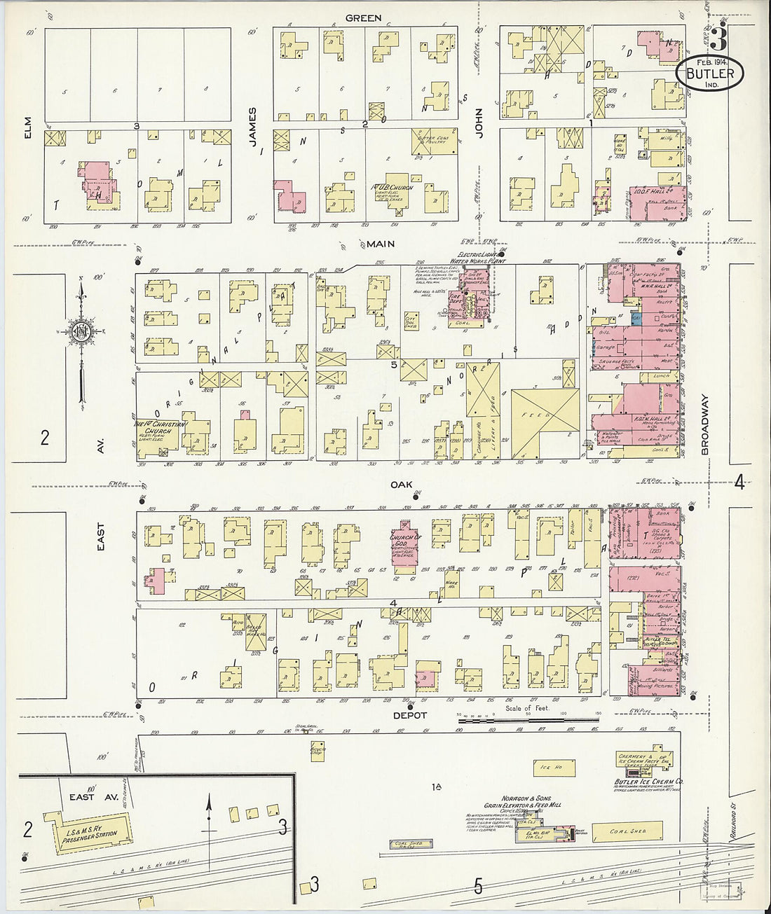 This old map of Butler, De Kalb County, Indiana was created by Sanborn Map Company in 1914