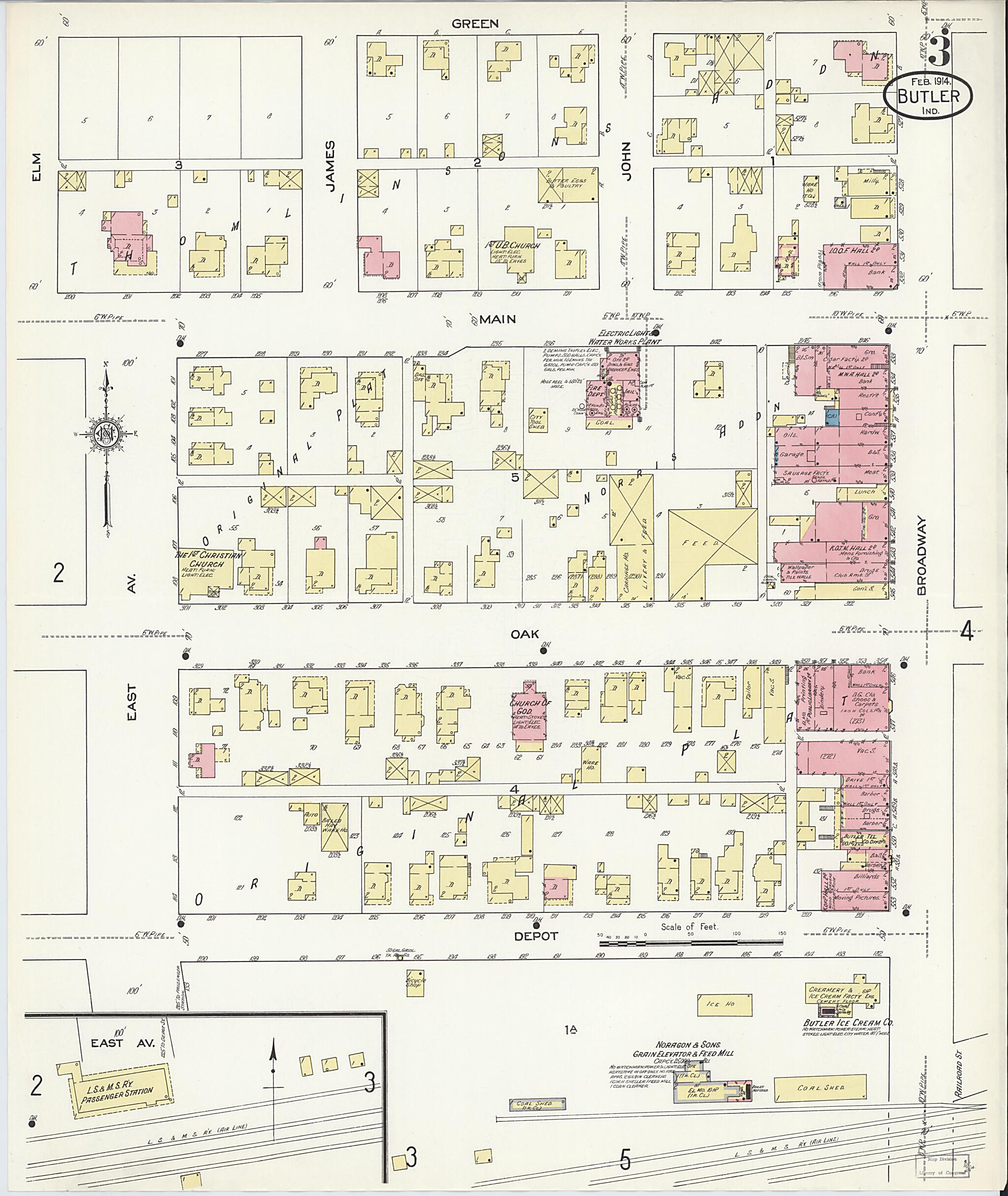 This old map of Butler, De Kalb County, Indiana was created by Sanborn Map Company in 1914