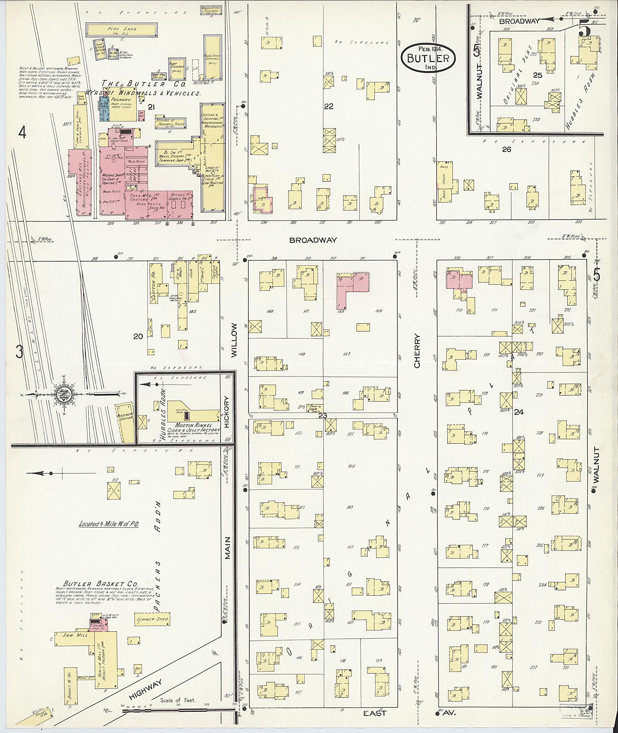 This old map of Butler, De Kalb County, Indiana was created by Sanborn Map Company in 1914