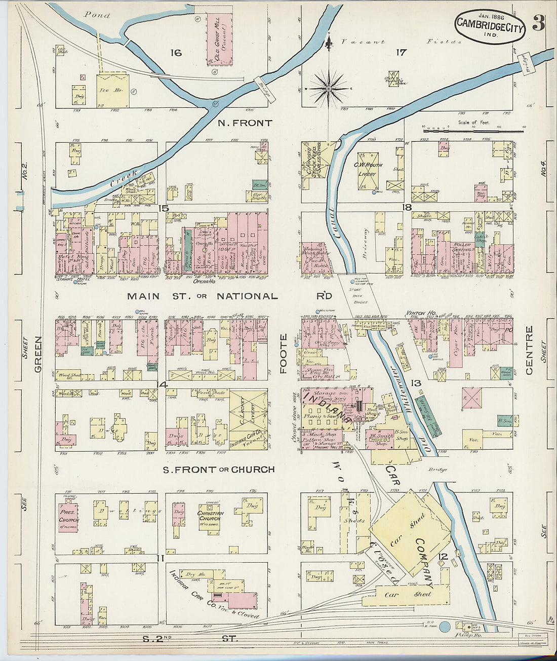 This old map of Cambridge City, Wayne County, Indiana was created by Sanborn Map Company in 1886