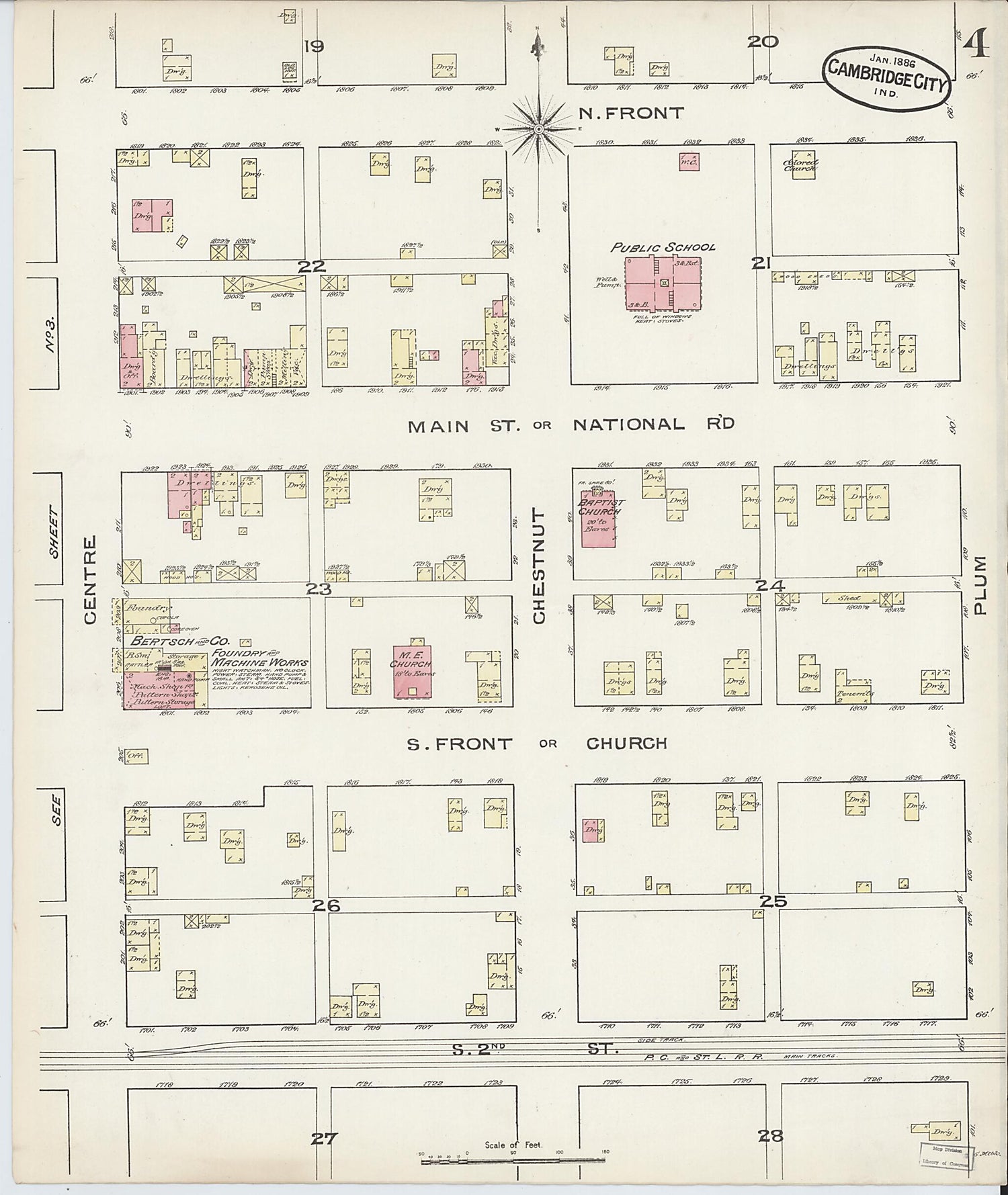 This old map of Cambridge City, Wayne County, Indiana was created by Sanborn Map Company in 1886