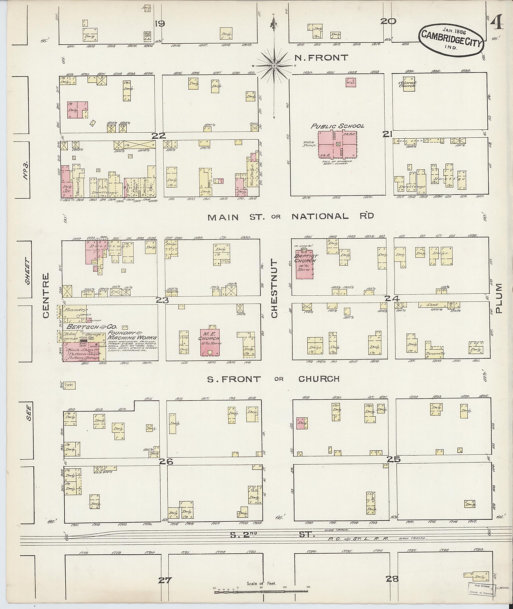 This old map of Cambridge City, Wayne County, Indiana was created by Sanborn Map Company in 1886