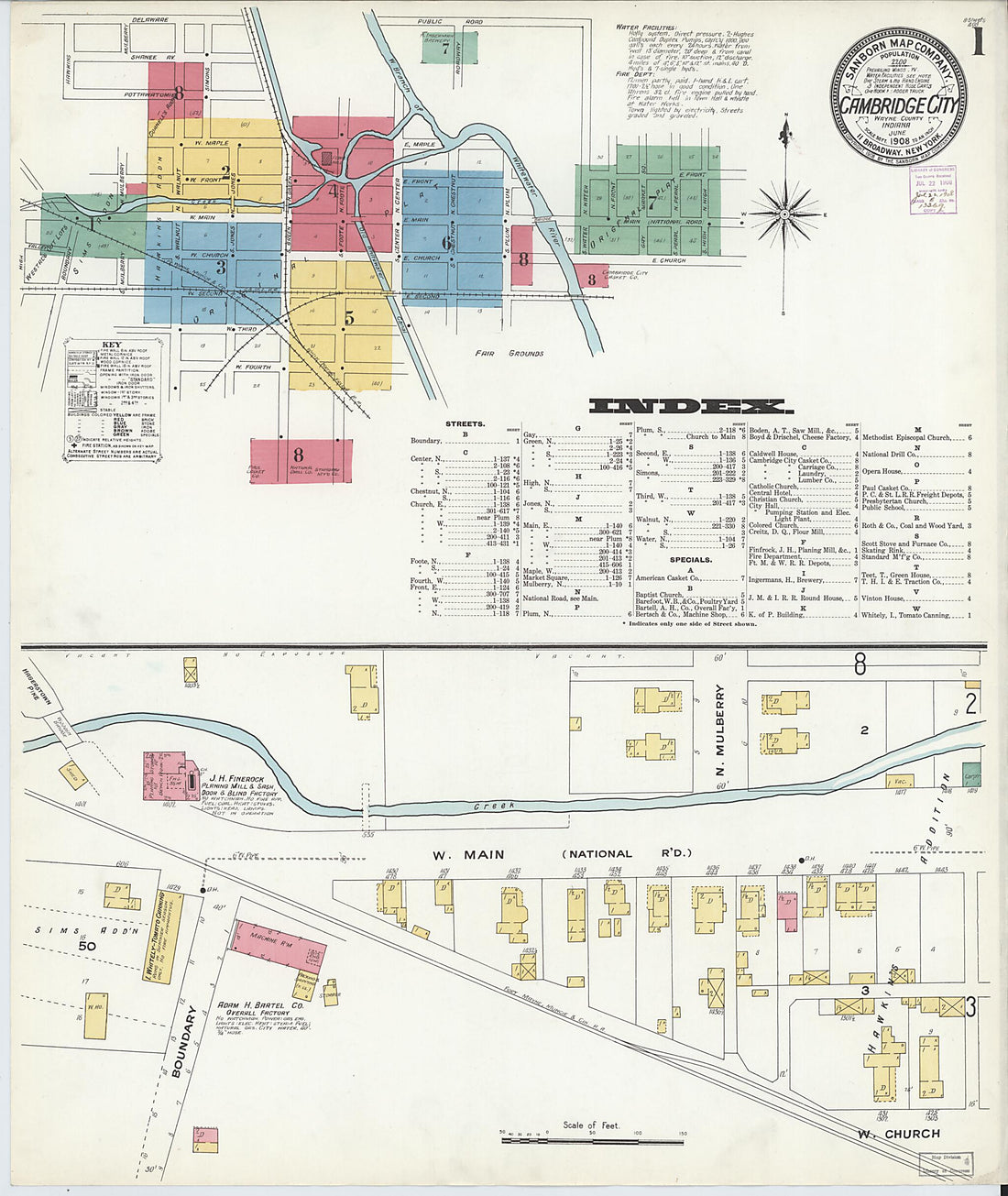 This old map of Cambridge City, Wayne County, Indiana was created by Sanborn Map Company in 1908