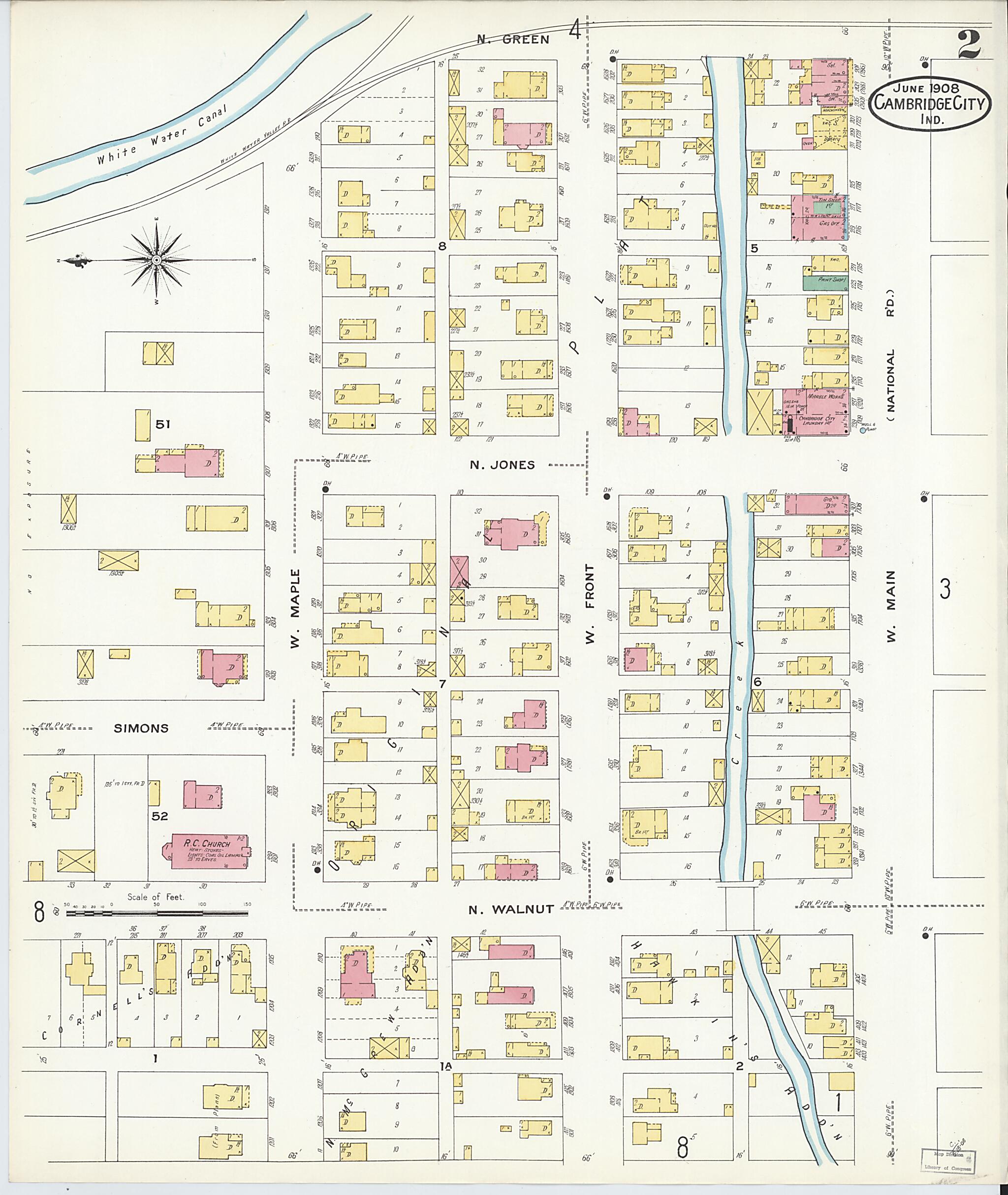 This old map of Cambridge City, Wayne County, Indiana was created by Sanborn Map Company in 1908