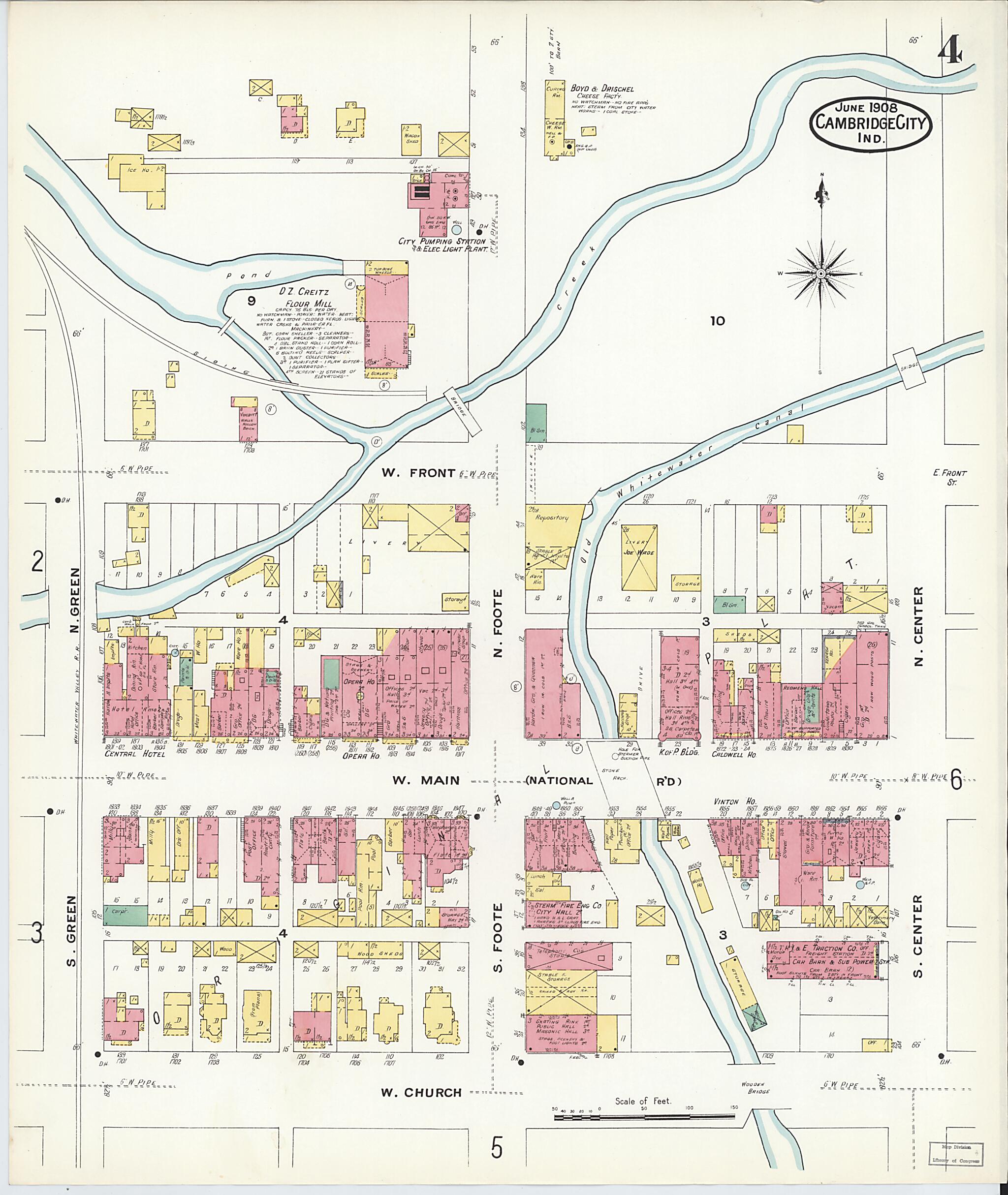 This old map of Cambridge City, Wayne County, Indiana was created by Sanborn Map Company in 1908