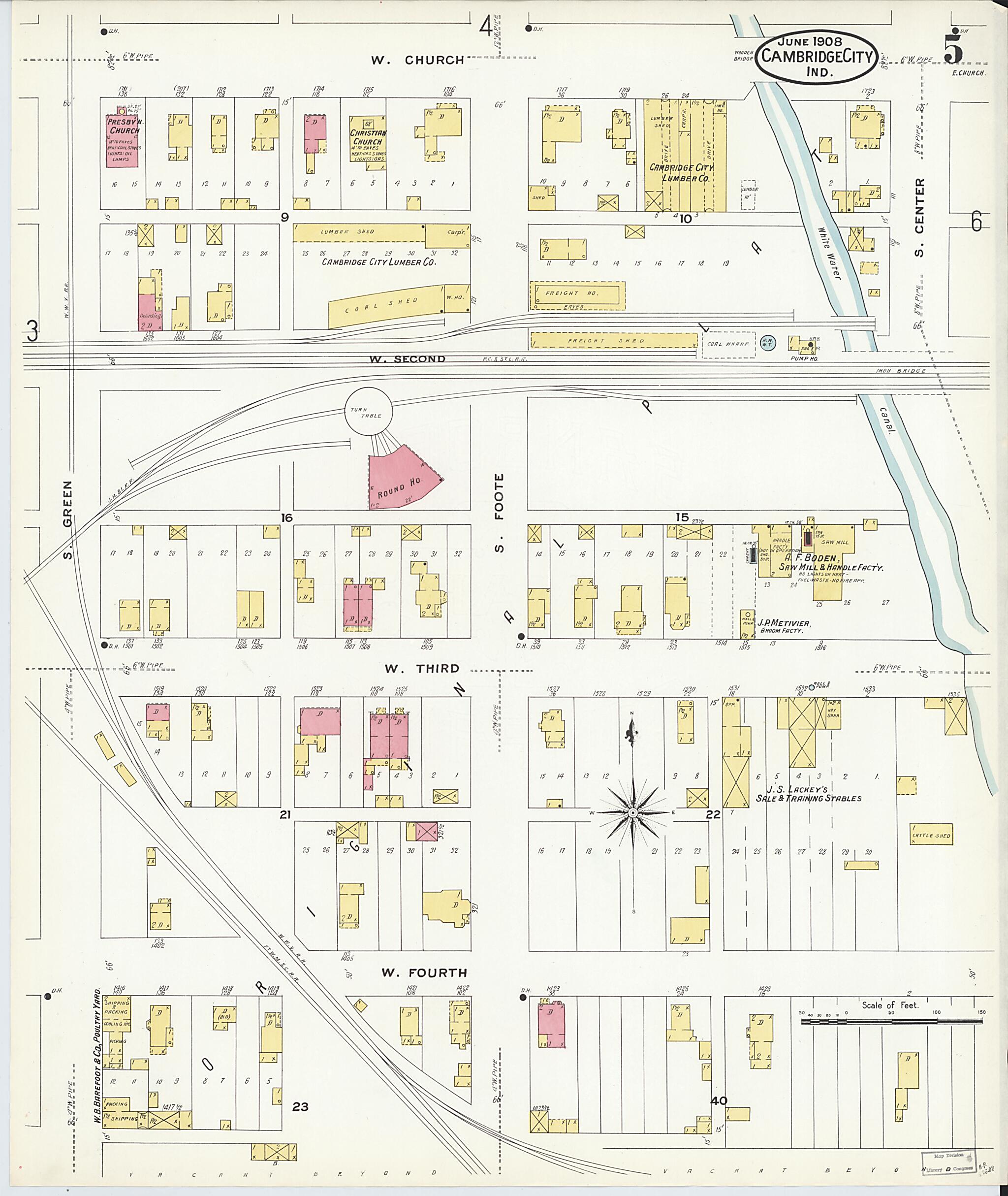 This old map of Cambridge City, Wayne County, Indiana was created by Sanborn Map Company in 1908