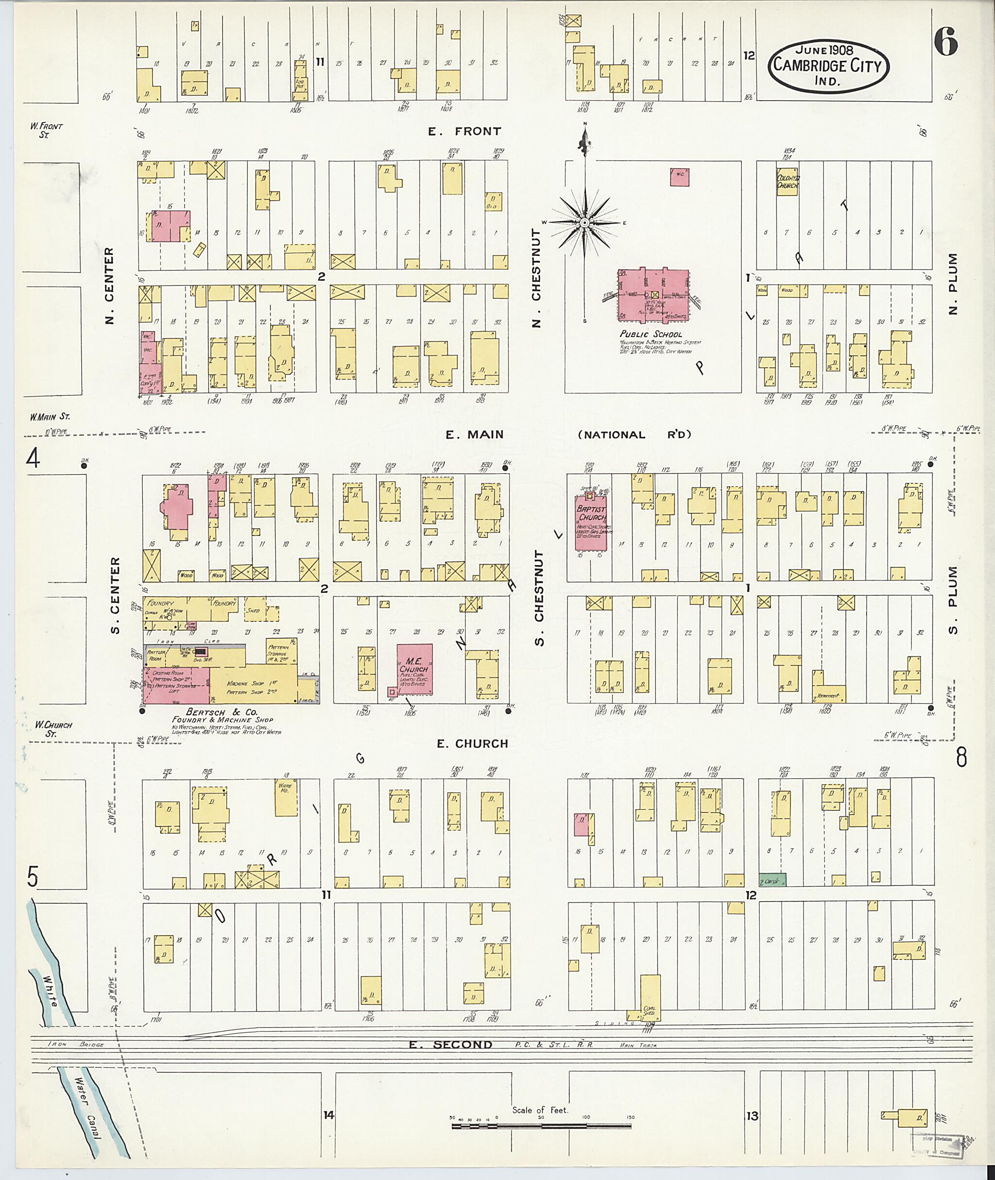 This old map of Cambridge City, Wayne County, Indiana was created by Sanborn Map Company in 1908