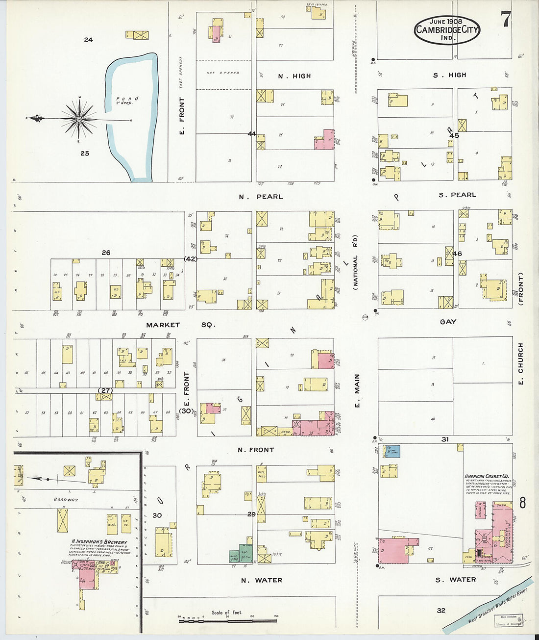 This old map of Cambridge City, Wayne County, Indiana was created by Sanborn Map Company in 1908