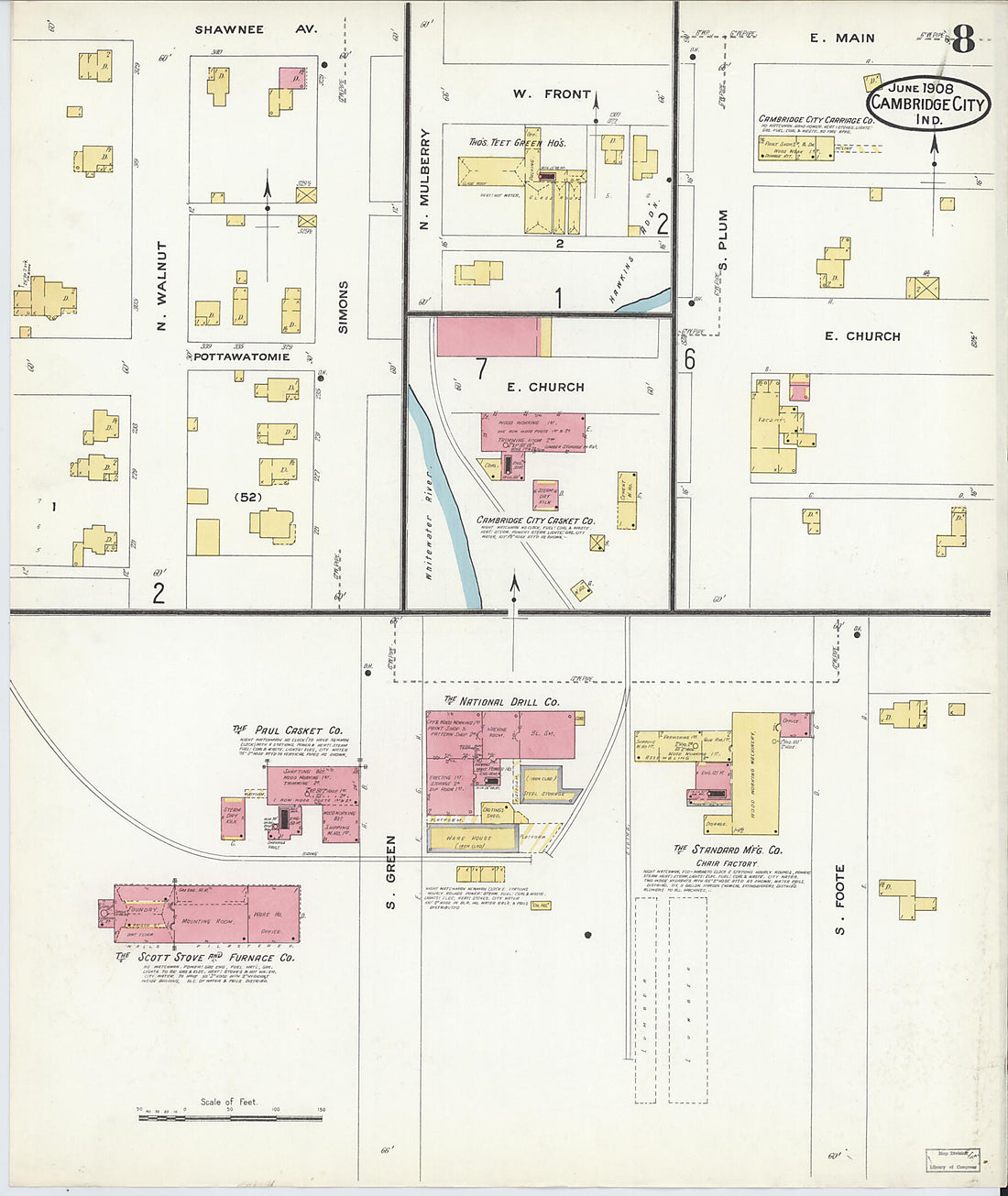 This old map of Cambridge City, Wayne County, Indiana was created by Sanborn Map Company in 1908