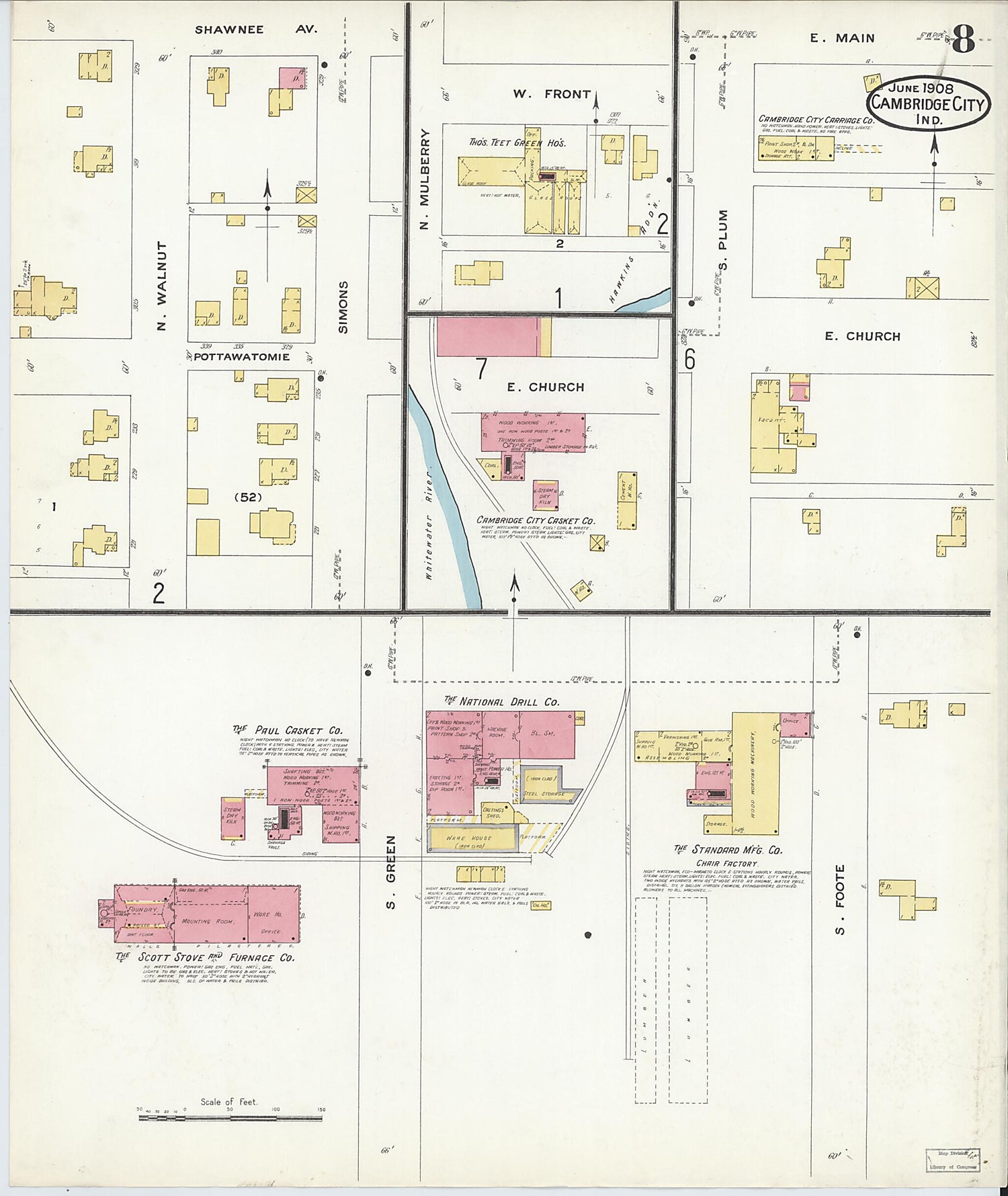 This old map of Cambridge City, Wayne County, Indiana was created by Sanborn Map Company in 1908